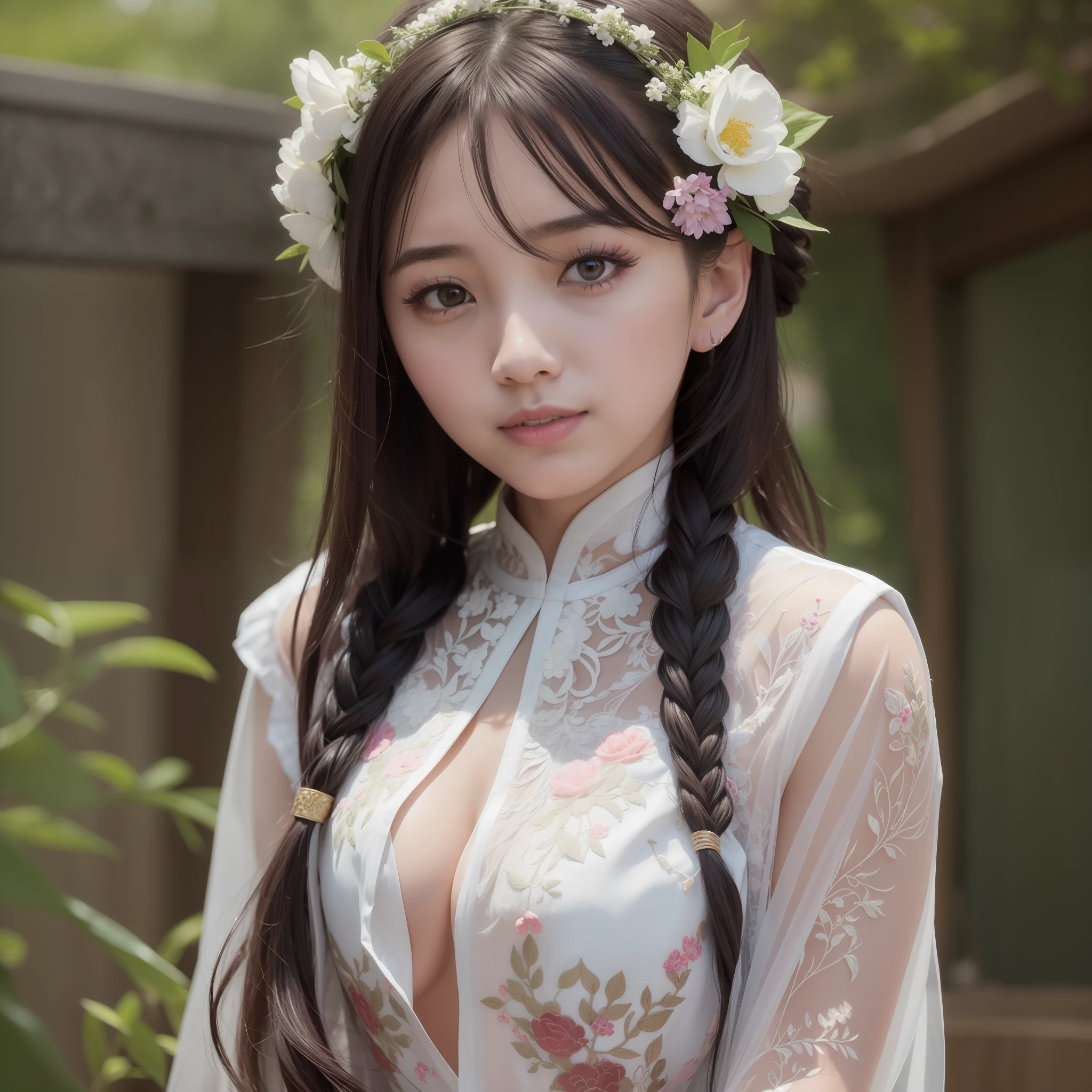 Masterpiece, absurdres,award winning photo, extremely detailed, amazing, fine detail, (extremely detailed eyes:1.125) and face, by lee jeffries nikon d850 film stock photograph 4 kodak portra 400 camera f1.6 lens rich colors hyper realistic lifelike texture dramatic lighting unrealengine trending on artstation cinestill 800 tungsten, beautiful woman, ulzzang-6500, smiling seductively, excited,
EDGHanfu, a woman, in an ancient China garden, wearing EDGHanfu, traditional,white, see through sleeves, floral embroidery, oned dress, black shoulder pads with beautiful and intricate floral embroidery, woman wearing makeup, flowers decorating her hair, long braided hair