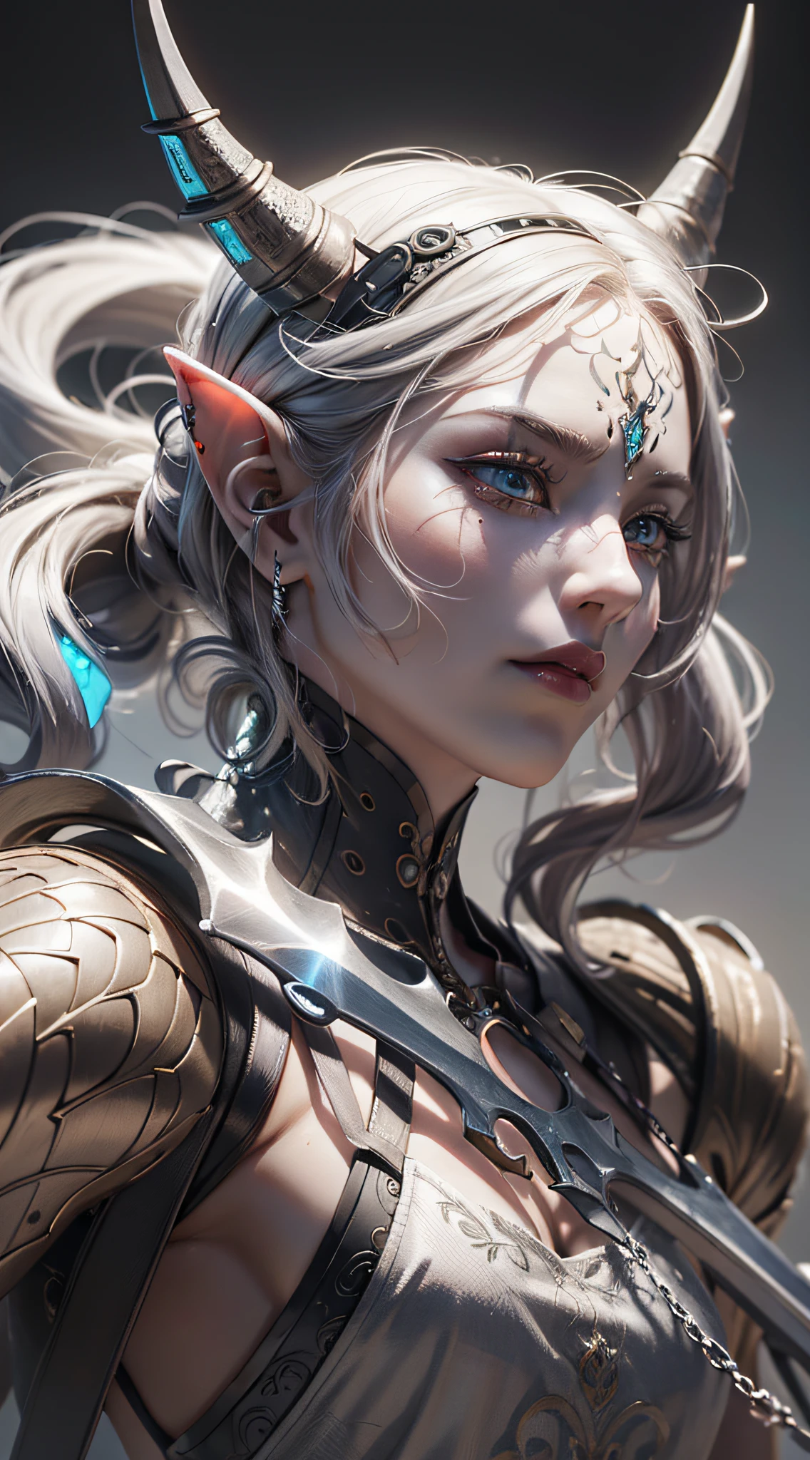 A close-up of a boy with a sword, ultra-detailed fantasy characters, intricate gorgeous anime CGI style, female demons suitable for white horns, 4 K detail fantasy, high-detail iconic characters, beautiful biomechanical elves, complex fantasy characters, high detail and very sharp, intricate artwork. Octane rendering, 3 D rendering character art 8 K