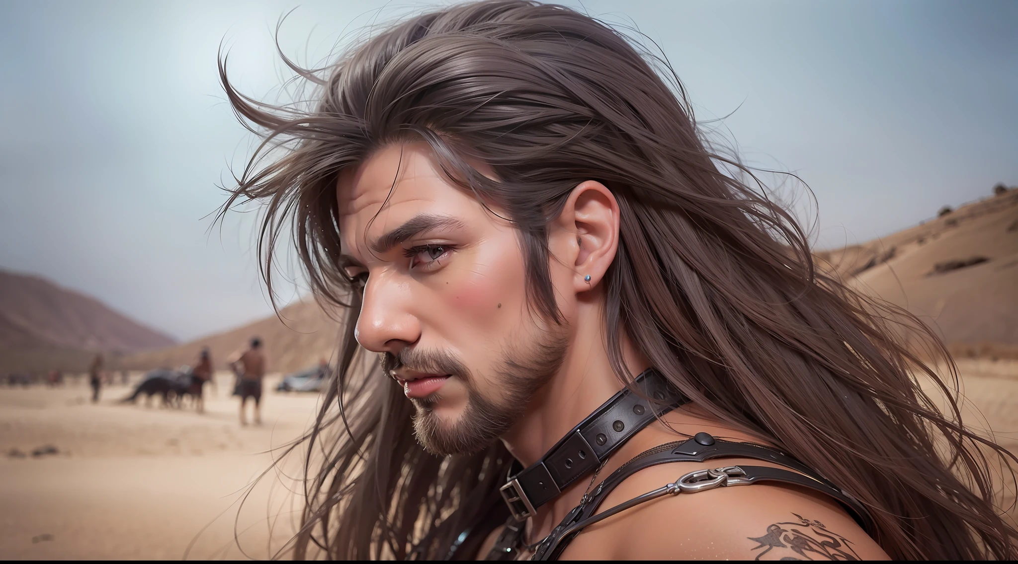a muscular berserker with his women in a desert, Luis Royo, vibrant, photorealistic, realistic, dramatic, dark, sharp focus, 8k