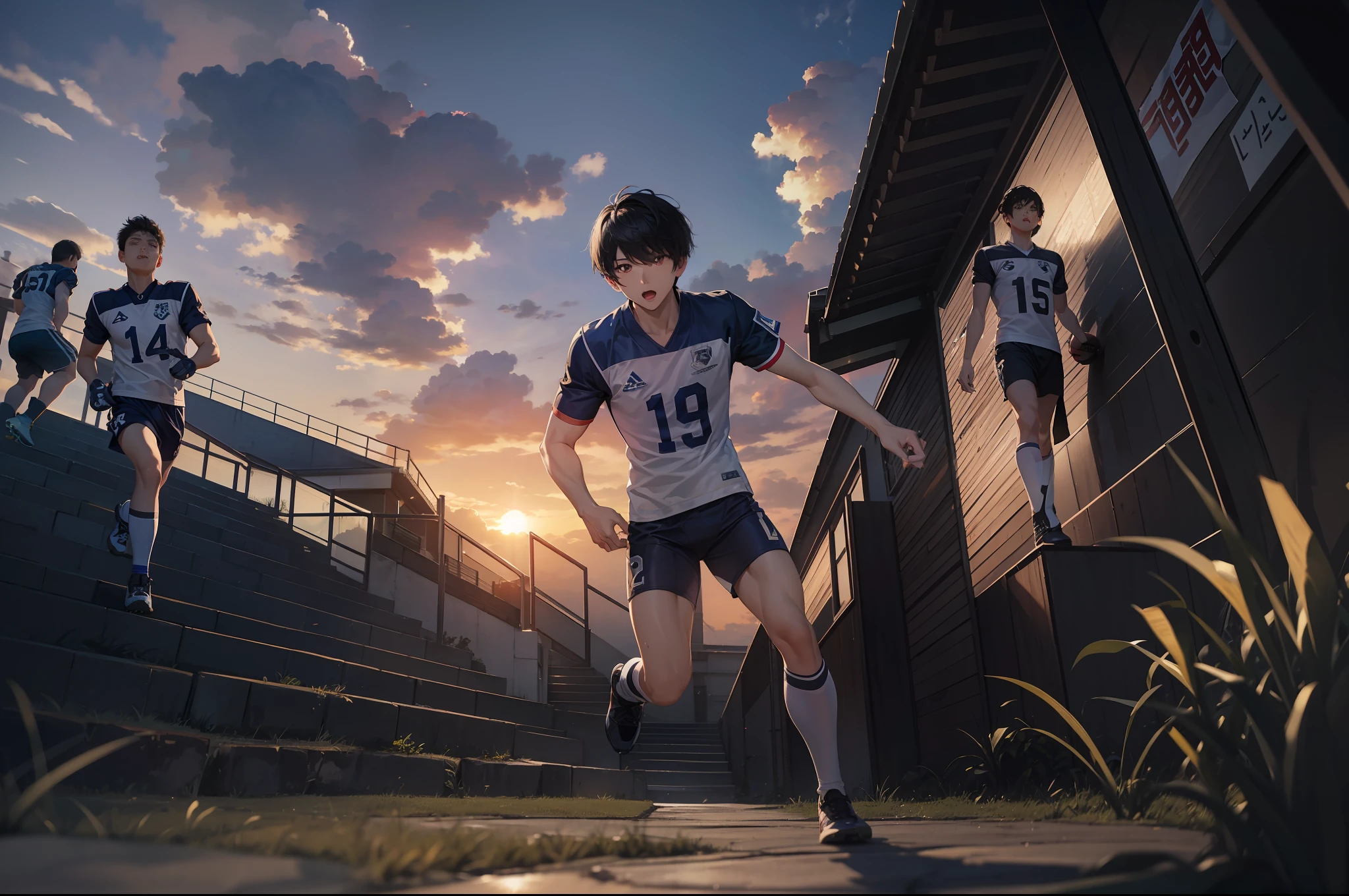 Korean boys, (real, high resolution: 1.4), boys, football, (sunset natural light), (more face, more hair, more skin), (football clothing), (mouth open: 1.1), deep three-dimensional eyes, three-dimensional fine nose bridge, slim, legs, full body shot, standing, short hair, football boots, soccer field grass middle, (point: 1.3)