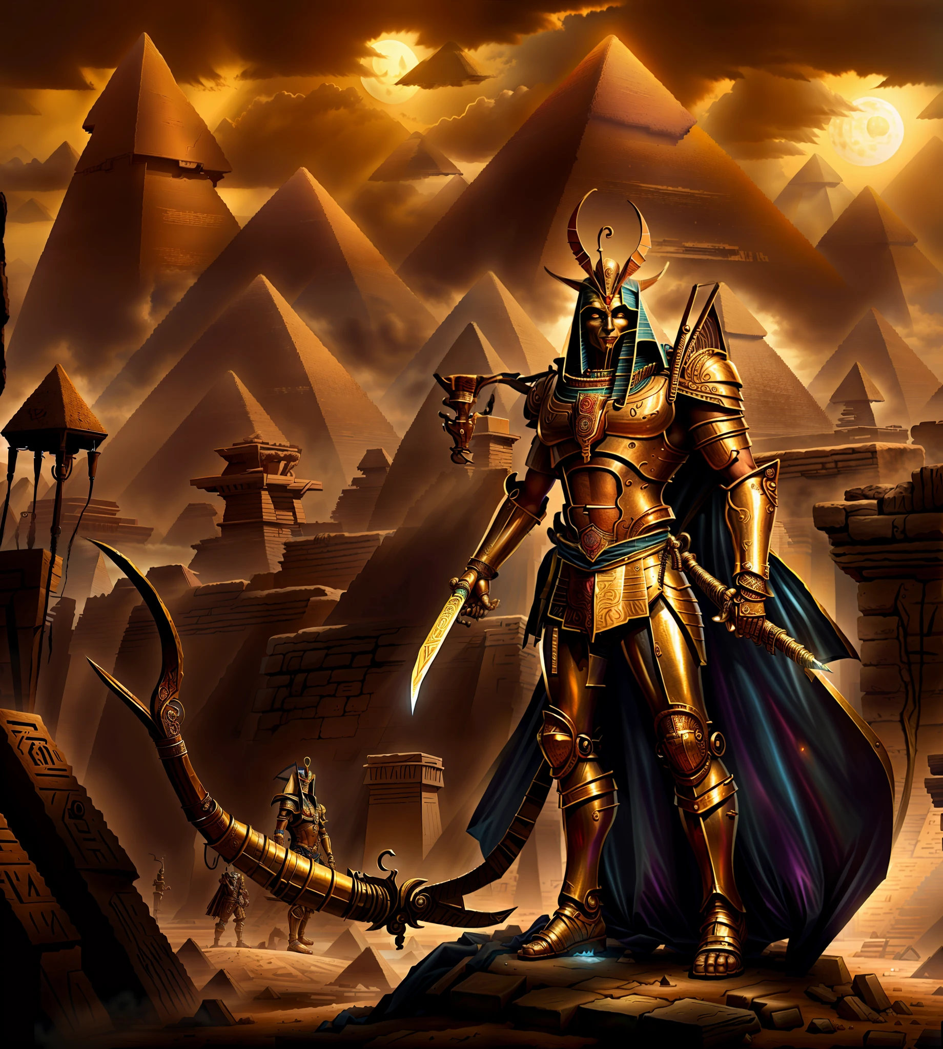 arafed image of a man in armor standing in front of a pyramid, an undead desert lich pharaoh, the god anubis, egyptian warrior, storm egyptian god, egyptian samurai, anubis, angry god anubis, the egyptian god, egyptian god, amazing d & d dark sun art, egypt god, ares with heavy armor and sword, pharaoh