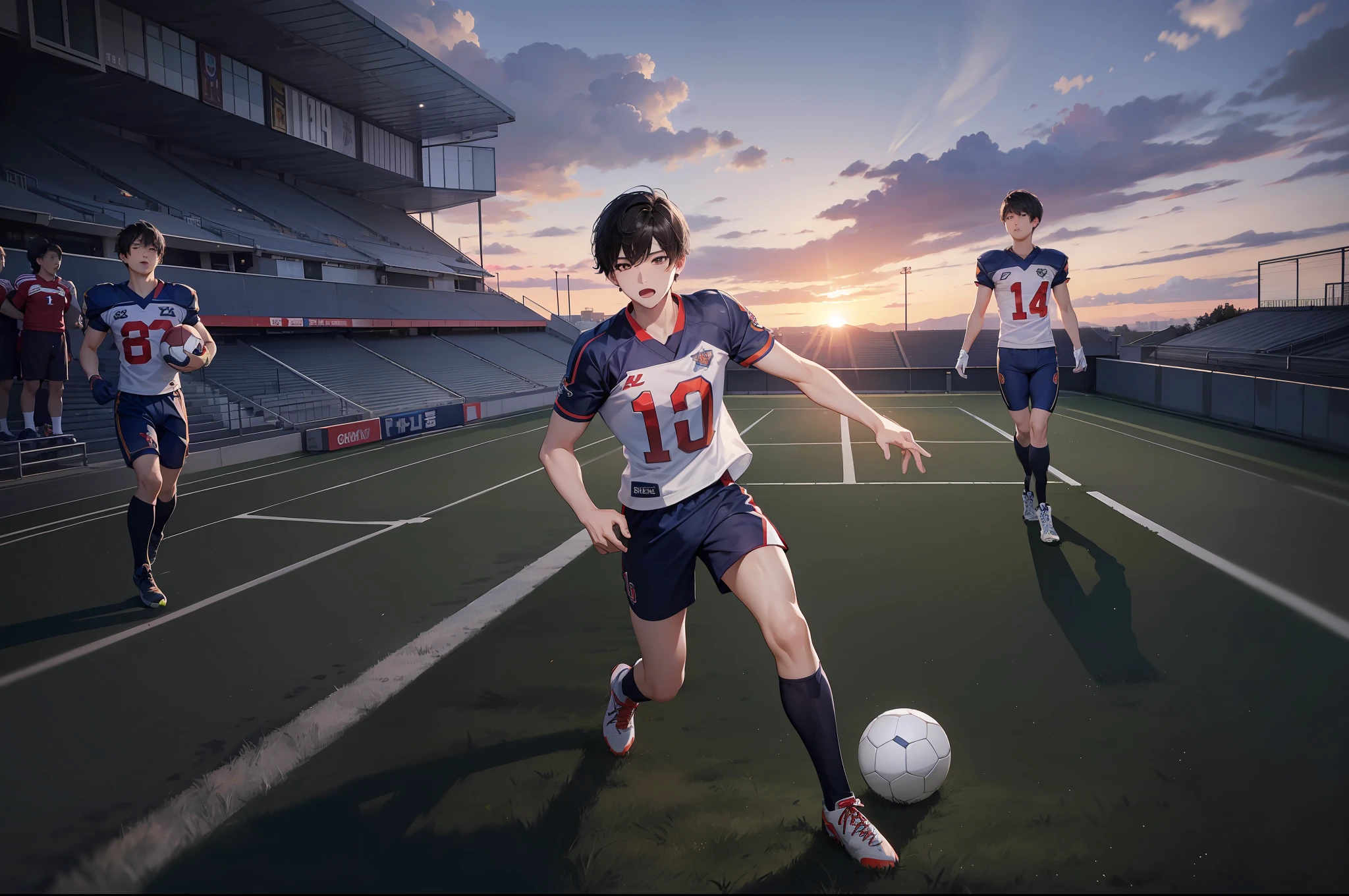 Korean boys, (real, high resolution: 1.4), boys, football, (sunset natural light), (football clothing), (mouth open: 1.1), clear and complete eyes, three-dimensional fine nose bridge, slim, legs, full body shot, standing, short hair, football boots, football field grass middle, (point: 1.3)
