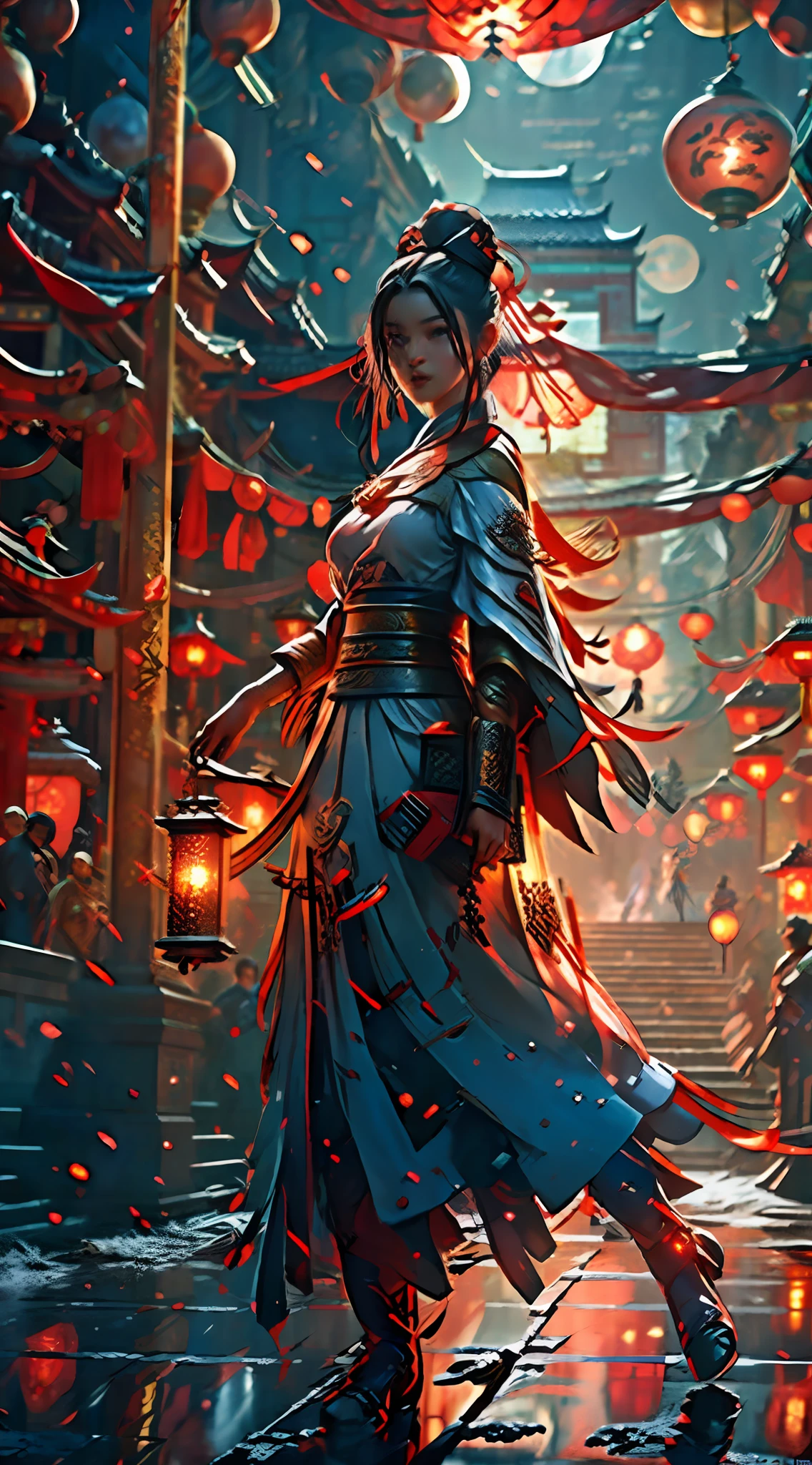 At night, snowflakes fall, in the red court of China, a palace maid wearing a cheongsam carrying a lantern, walking slowly on the long road, lonely, dark, details presented like a master level, smile back, masterpiece, best quality, complex, high detail, 8k, high resolution, high resolution, beautiful face, white hair, best quality, masterpiece, super high resolution, (realistic: 1.4), Xiuxian, weapon, detail face,
1 Girl, Solo, Weapon, (Magic Circle: 1.2), Xiuxian, Upper Body, Beautiful Girl, Full Body, East Asian Architecture, Sheath, Building,