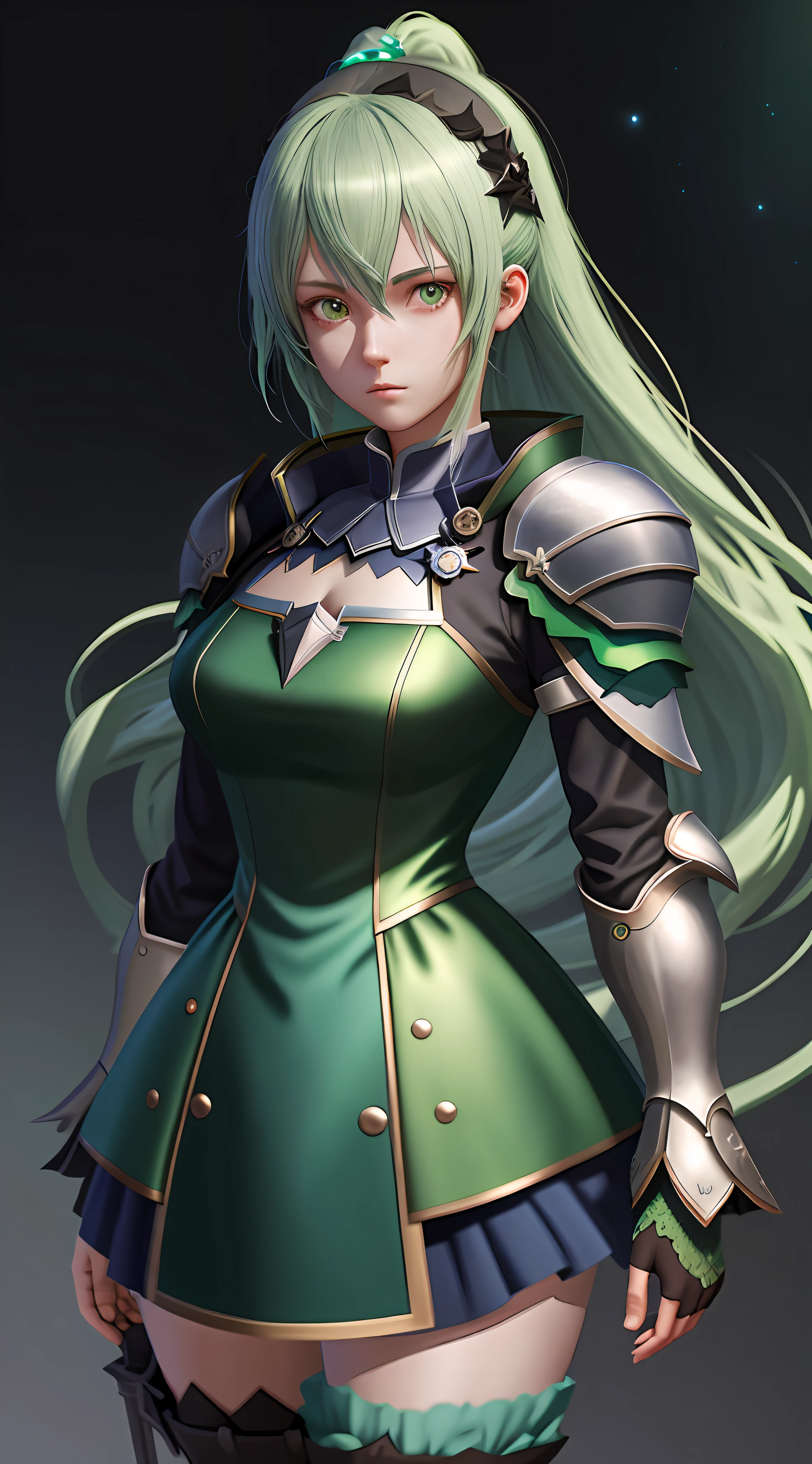 Anime girl green hair blue dress dark room, portrait of knight of zodiac girl, Octane rendering, ray tracing, super detailed masterpiece, best quality, very detailed CG unified 8k wallpaper, best shadow.