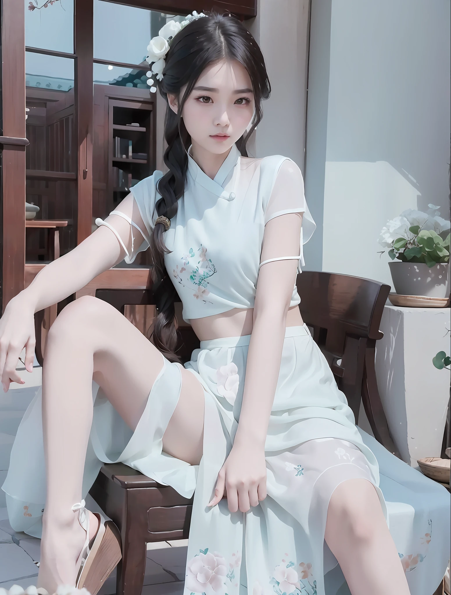 {(in white gauze dress): 1.2} (Aralei Woman: 1.3) Sitting on a Long Wooden Bench, White Hanfu, (Ancient Hanfu: 1.3), Chinese Palace Scene, (Girl in Hanfu: 1.1), (Traditional Chinese Beauty: 1.2), (Gorgeous Model: 1.2), (Traditional Cheongsam: 1.2), (Chinese Traditional: 1.2), Traditional Chinese Clothing, Chinese Style, (Ancient Tradition: 1.1), (Full Body Immortal: 1.2), Stunning Young (Ethereal Figures: 1.3)})