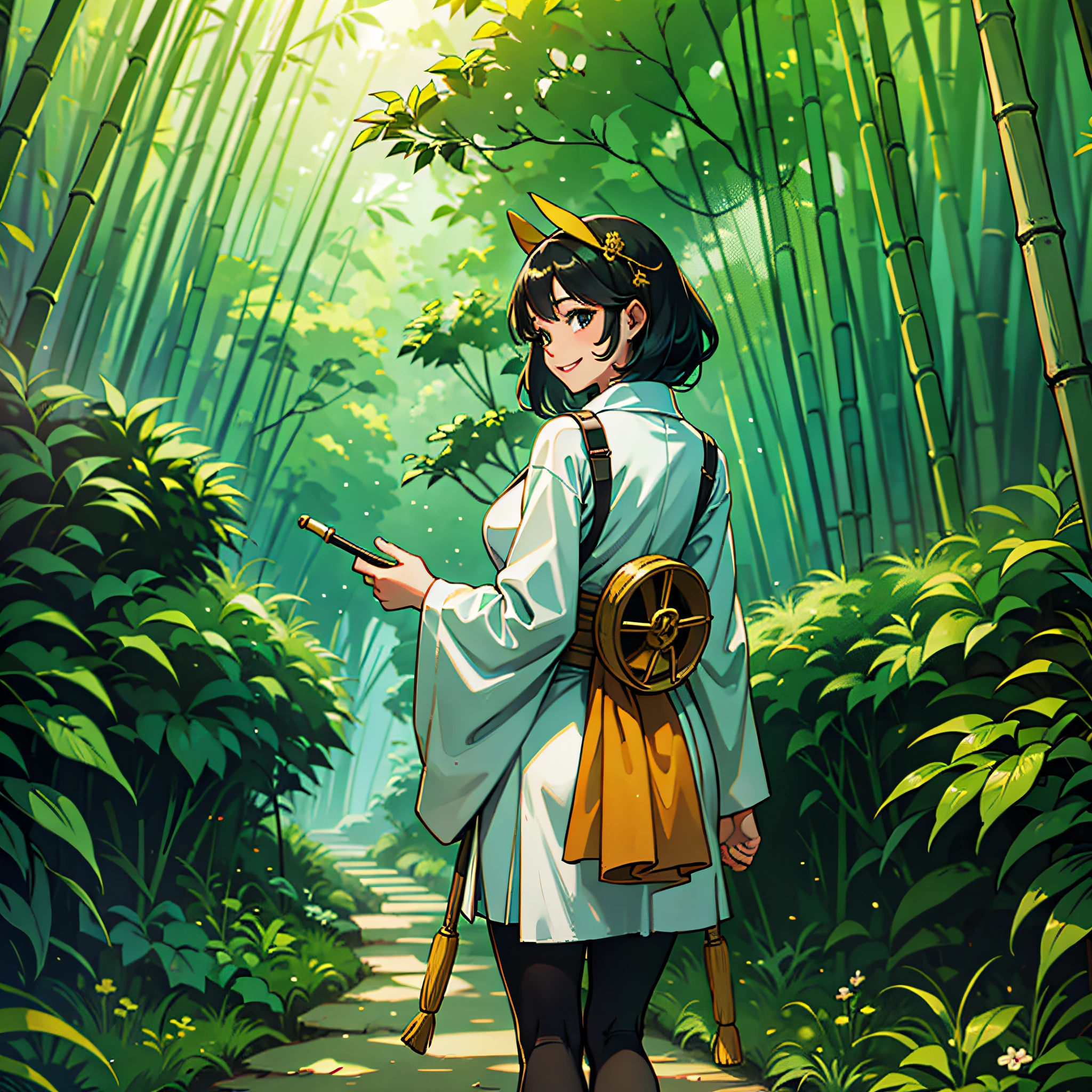 A girl in costume smiling back on the bamboo forest path --auto --s2