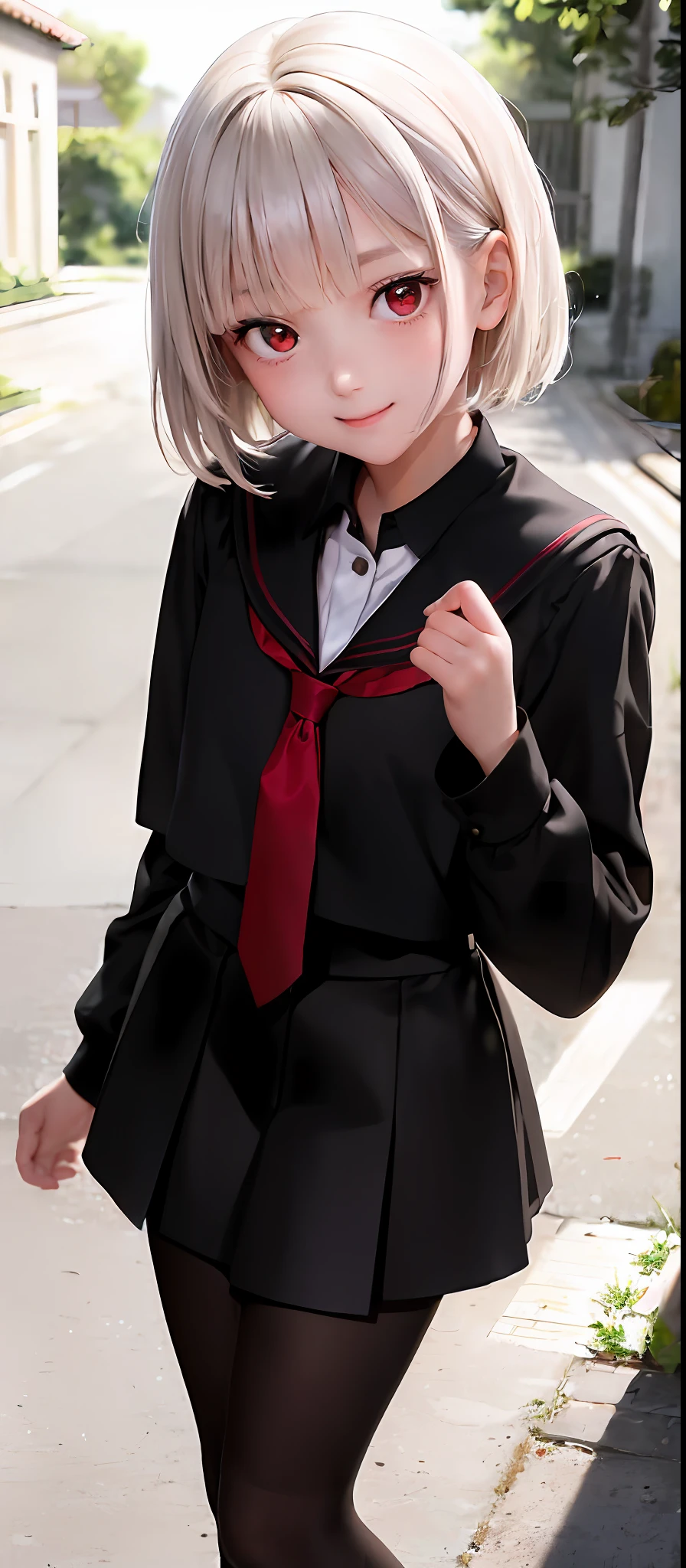 masterpiece), (best quality), ultra high res, highly detailed, depth of field, beautiful light and shadow, tight, standing, one hand on graceful,cute,yo, smile, ((night)), white hair, (( red eyes)), , uniform, zettai ryouiki, serafuku, ((black pantyhose)),((full-black clothes)), sleepy, shout,looking at viewer, short hair, full body, cowboy shots, dynamic angle from above, front view , outdoors, A young girl in school uniform, with a cheerful expressions on her face in school, The composition should exude a blend of sensuality and innocence, The background should be visually captivating, (beautiful detailed face), (beautiful detailed eyes),