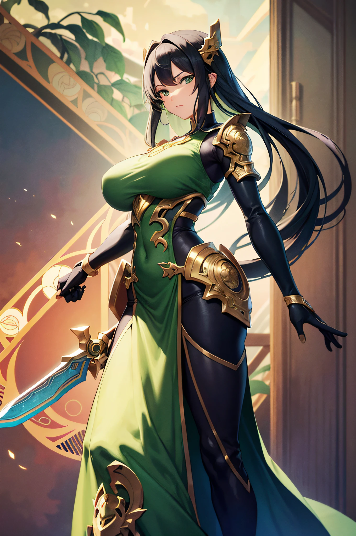 Girl, Full Body, Big Breast, Green Bandana, Green Ancient Armor, Green Dragon Moon Knife, Robotic Arm, Masterpiece, 4k, Long Black Hair, National Style, Standing, Holding a Weapon, Robotic Arm, Floral Frame, Decorative Panel, Abstract Art, Alphonse Mucha (Masterpiece, Best Quality, High Resolution: 1.4), Detailed, Intricate Details, 4K, Color Splash, Line Art, Fibonacci,