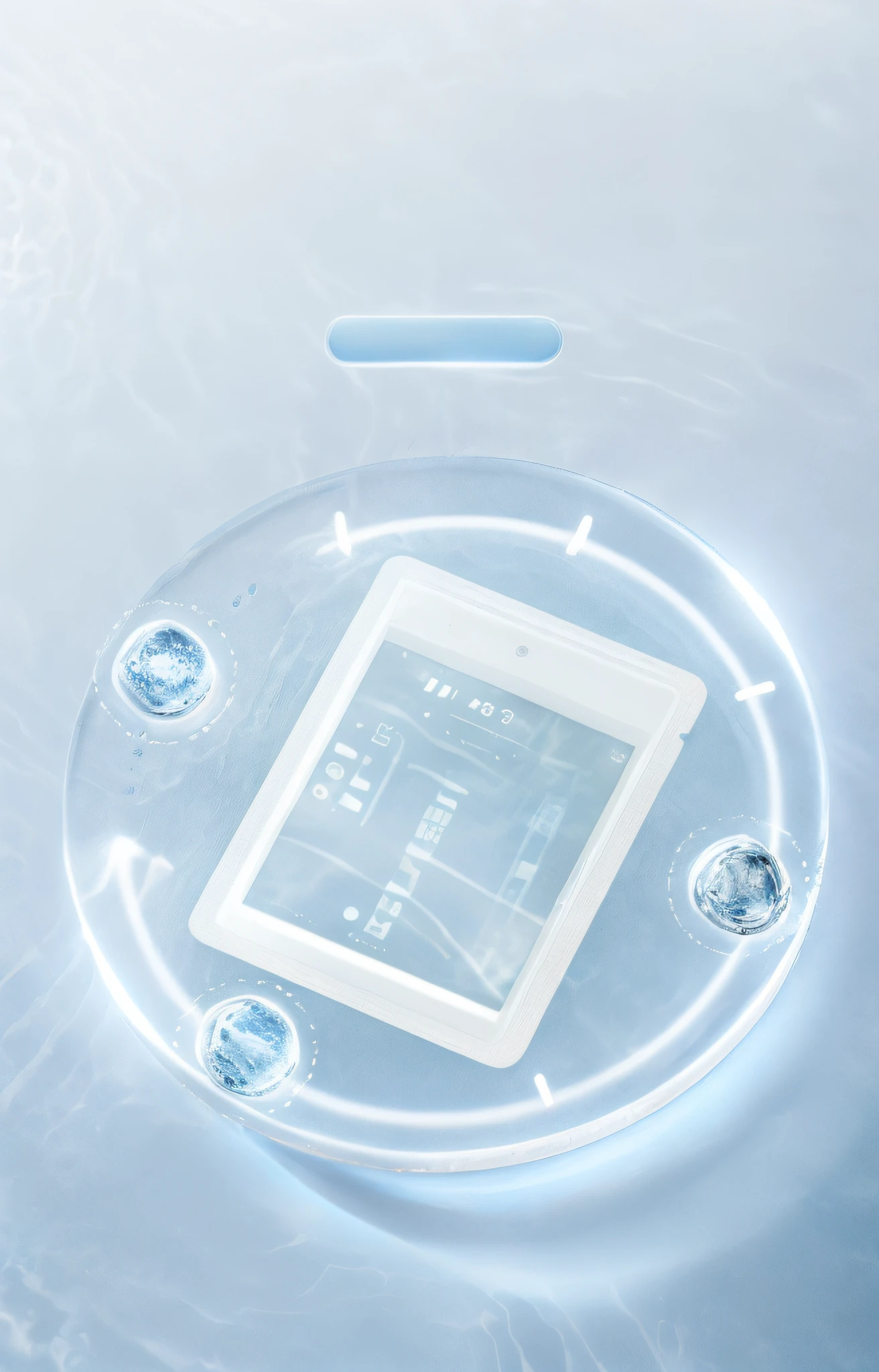 there is a tablet computer floating in a pool of water, sleek cool waterproof design, sleek waterproof design, bottom angle, scifi gadgets in a pond, smooth technology, product introduction photo, liquid interface, fluid bag, liquid simulation background, in water, closeup of magic water gate, water background, in liquid, bottom - view, water particle in front, technology