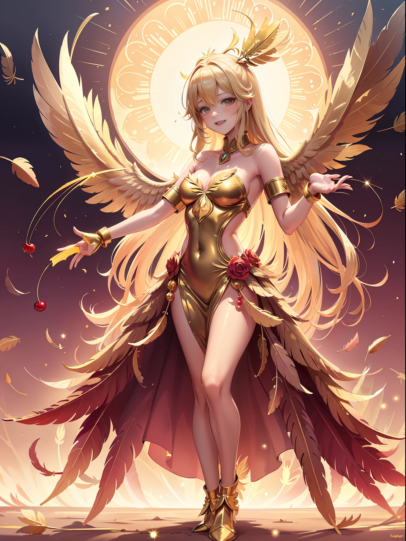 Golden Angel, ((Golden Feather:1.3)), Blonde, Gold Costume, Golden Palace, ((Feathers Fall Like a Cherry Blizzard from Heaven:1.5)), Kemono Ears, Middle Chest, Smile, Blush,(Perfect Body:1.1)、(Short Wavy Hair:1.2),Full Body Shot,(Very Elaborate CG 8K Wallpaper)(Very Delicate and Beautiful)(Masterpiece)(Best Quality):1.0)(Ultra High Definition:1.0), [High Resolution], Detailed Skin, Ultra Detailed ((Colorful)),