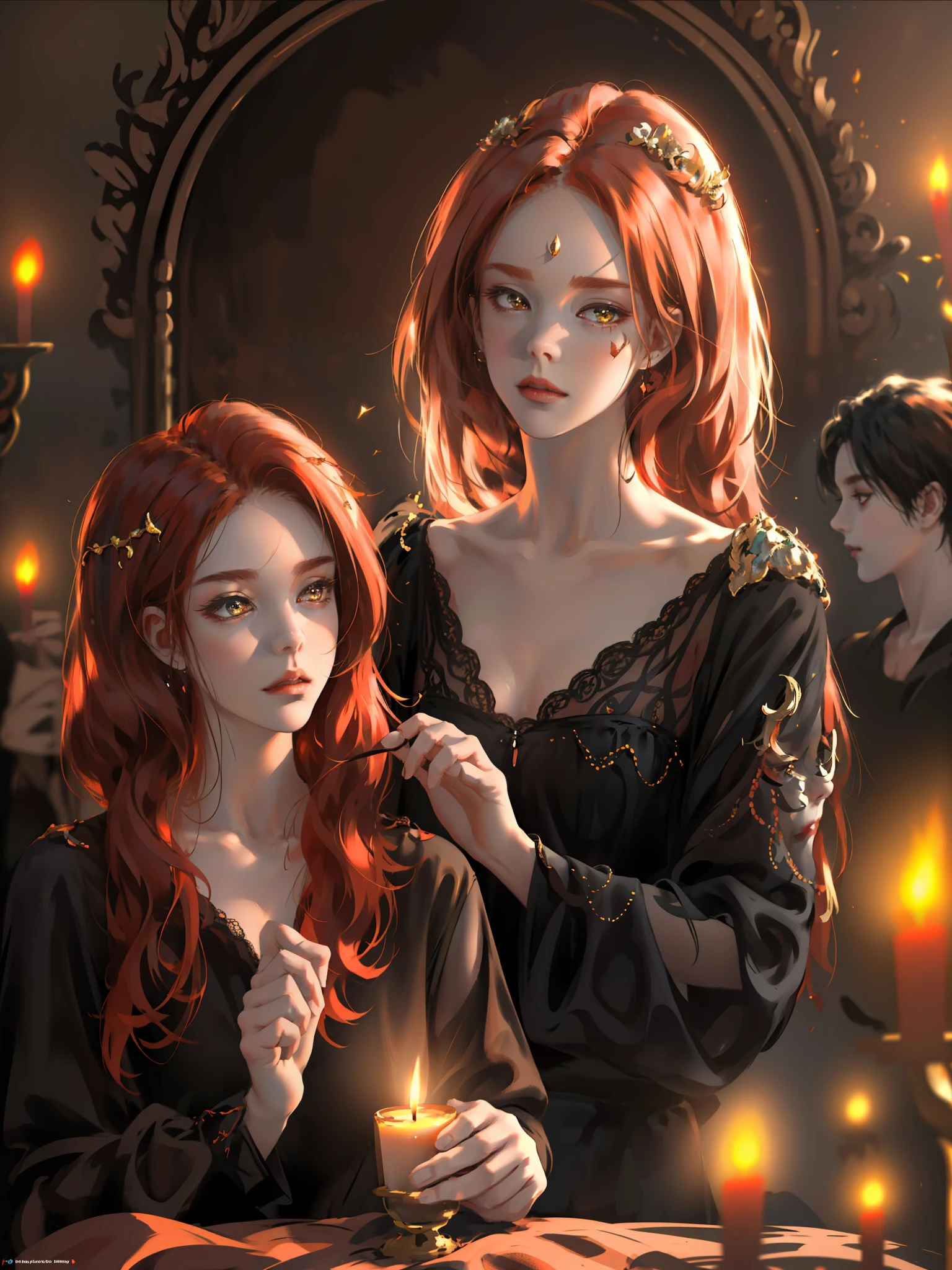 ((Masterpiece)), high quality, super detailed, red hair + black clothing: 1.2, sweet and delicate girl, delicate facial features, perfect figure, face decorated, candles around, bright colors, romantic long hair, natural light, warm and sweet, golden eyes, gorgeous hair decoration.