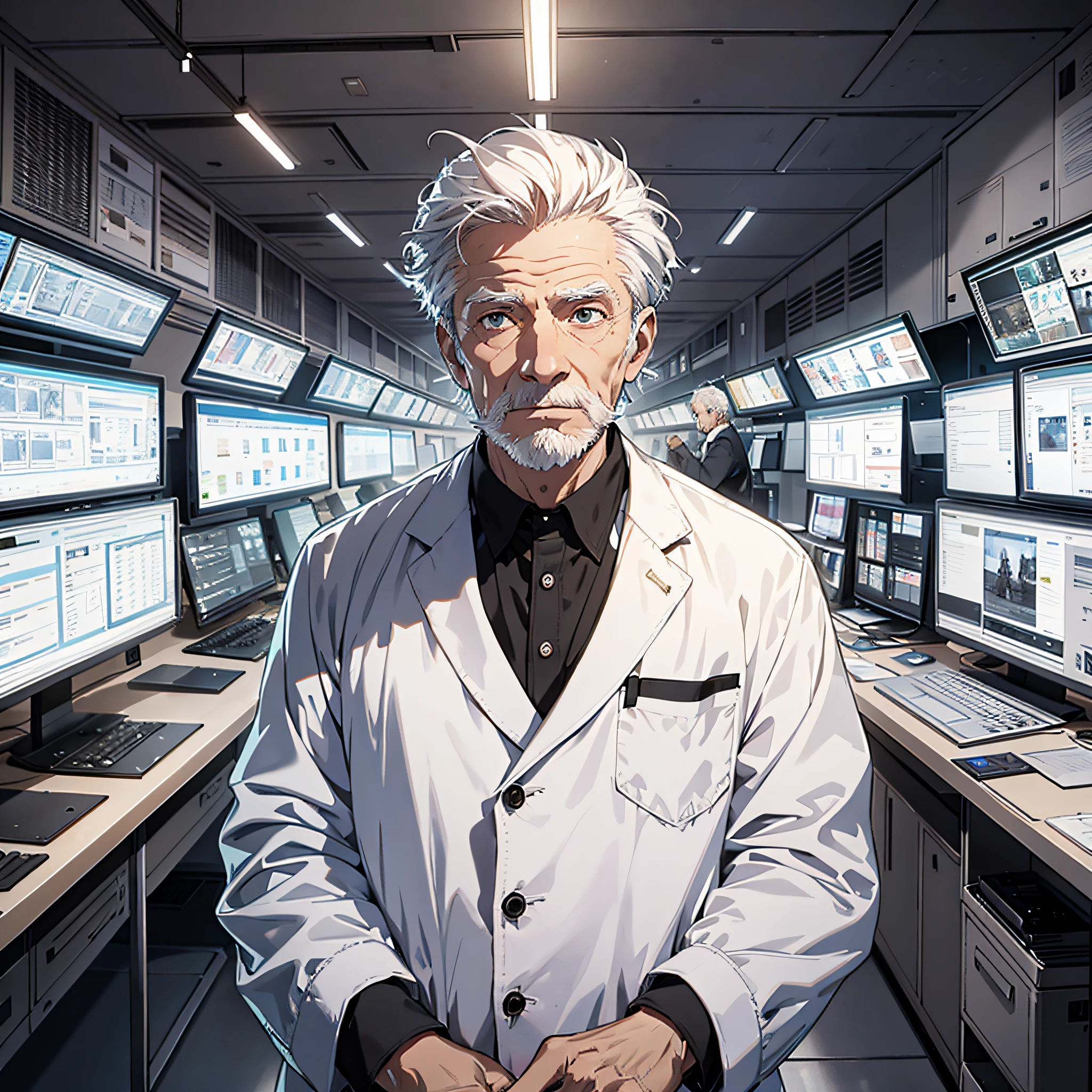The white-haired old man in a white suit (1.3), the background is a large scientific observation station, there are many large screens, and the expression is serious and nervous