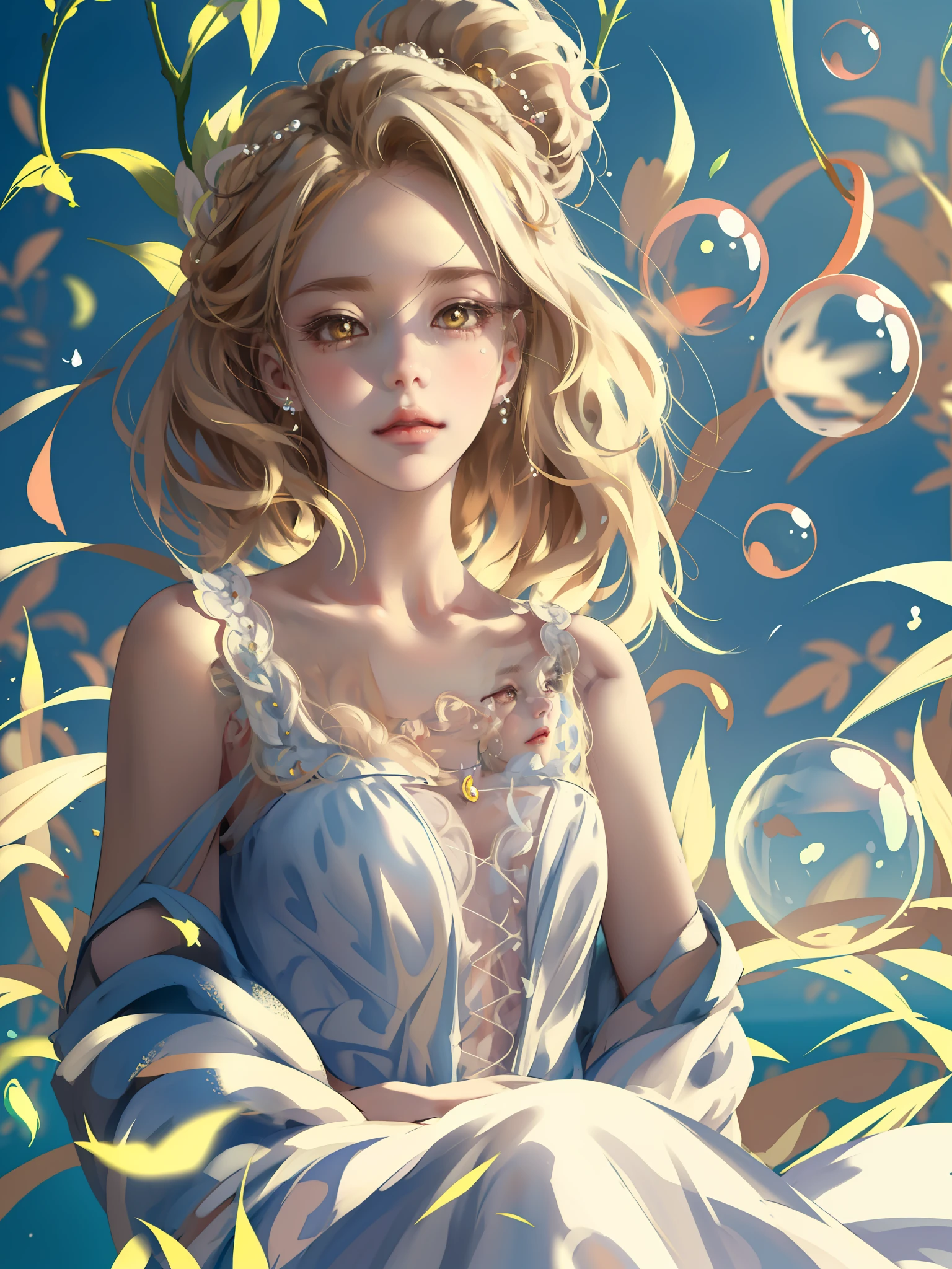 ((Masterpiece)), high quality, super detailed, super detailed, blonde hair + white clothing: 1.2, sweet and delicate girl, bjd, lolita, delicate facial features, perfect figure, face with pearl decoration, bubbles around, bright bright colors, romantic long hair, natural light, warm and sweet, brown eyes, gorgeous hair decoration.