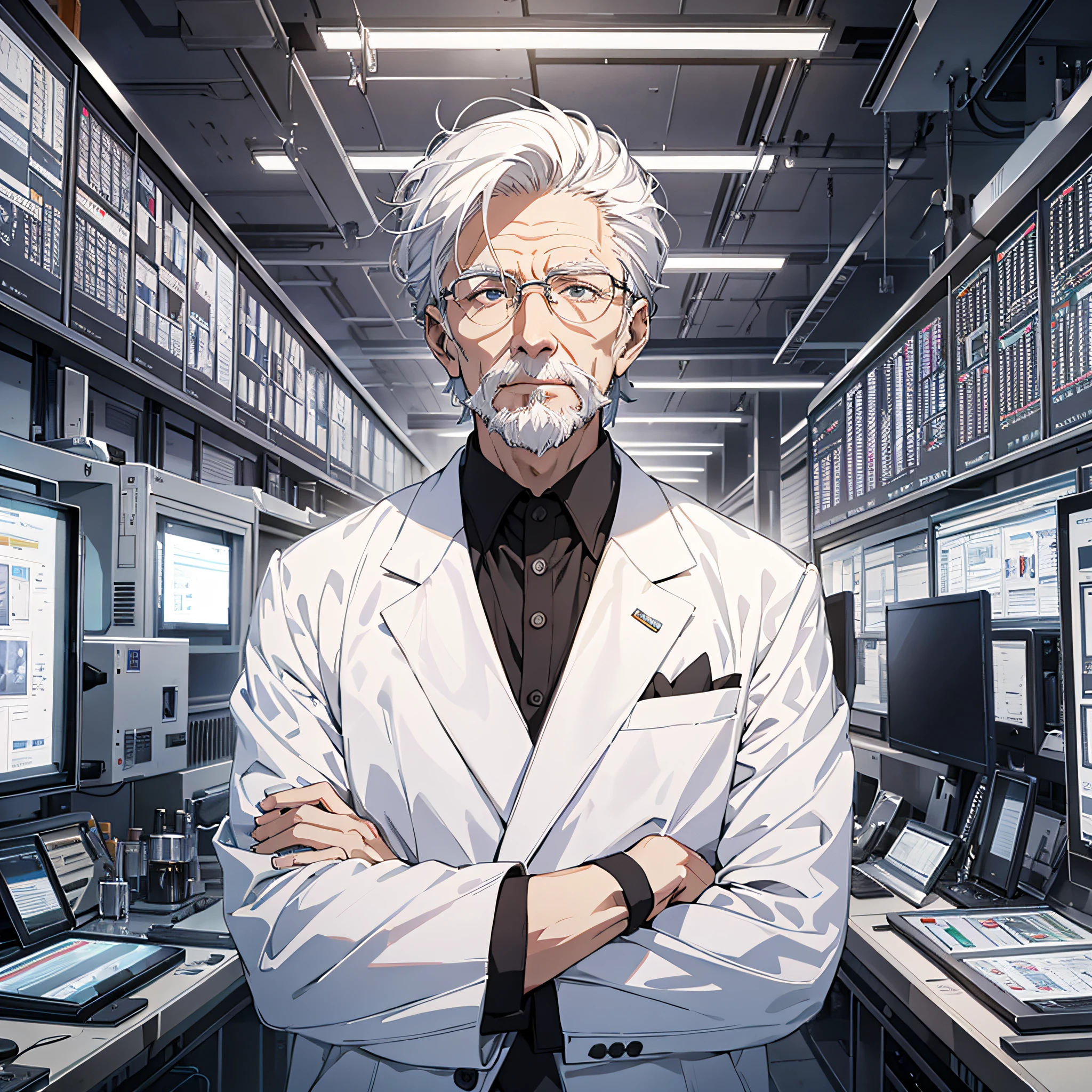 The white-haired old man in a white suit (1.3), the background is a large scientific observation station, there are many large screens, and the expression is serious and nervous