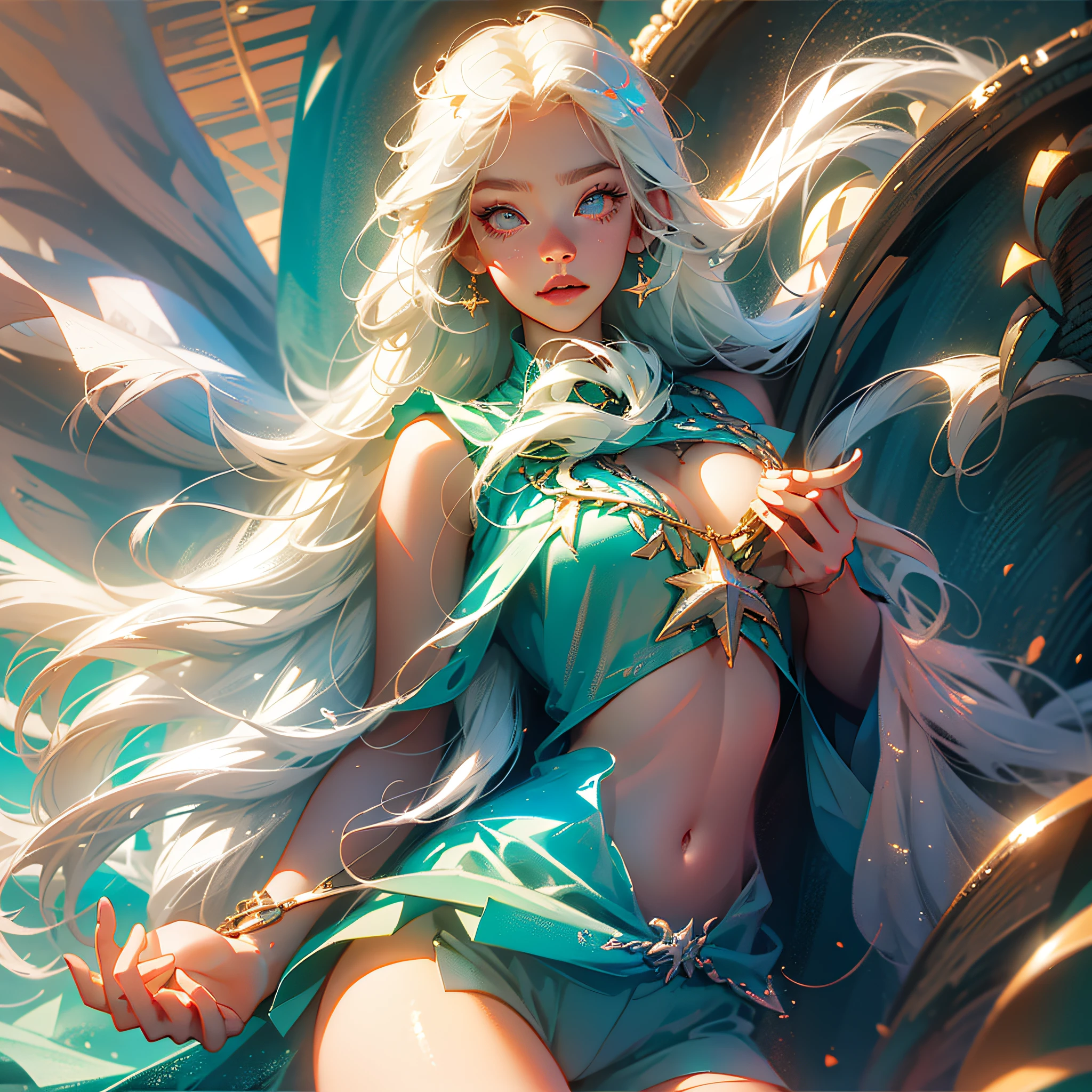((Masterpiece, Best Quality)), Super Detailed, Perfect Detail, Unity 8k wallpaper, white hair), young beautiful girl, solo, model figure, shiny skin, long white hair, fine hair, short smile, sparkling pupils, shy expression, round big breasts, (vest), sleeveless, light arms, casual shorts, sexy action, background is sand, seaside, starfish, shells, sun, sunlight, edge light, real light and shadow, bust photo, --auto --s2