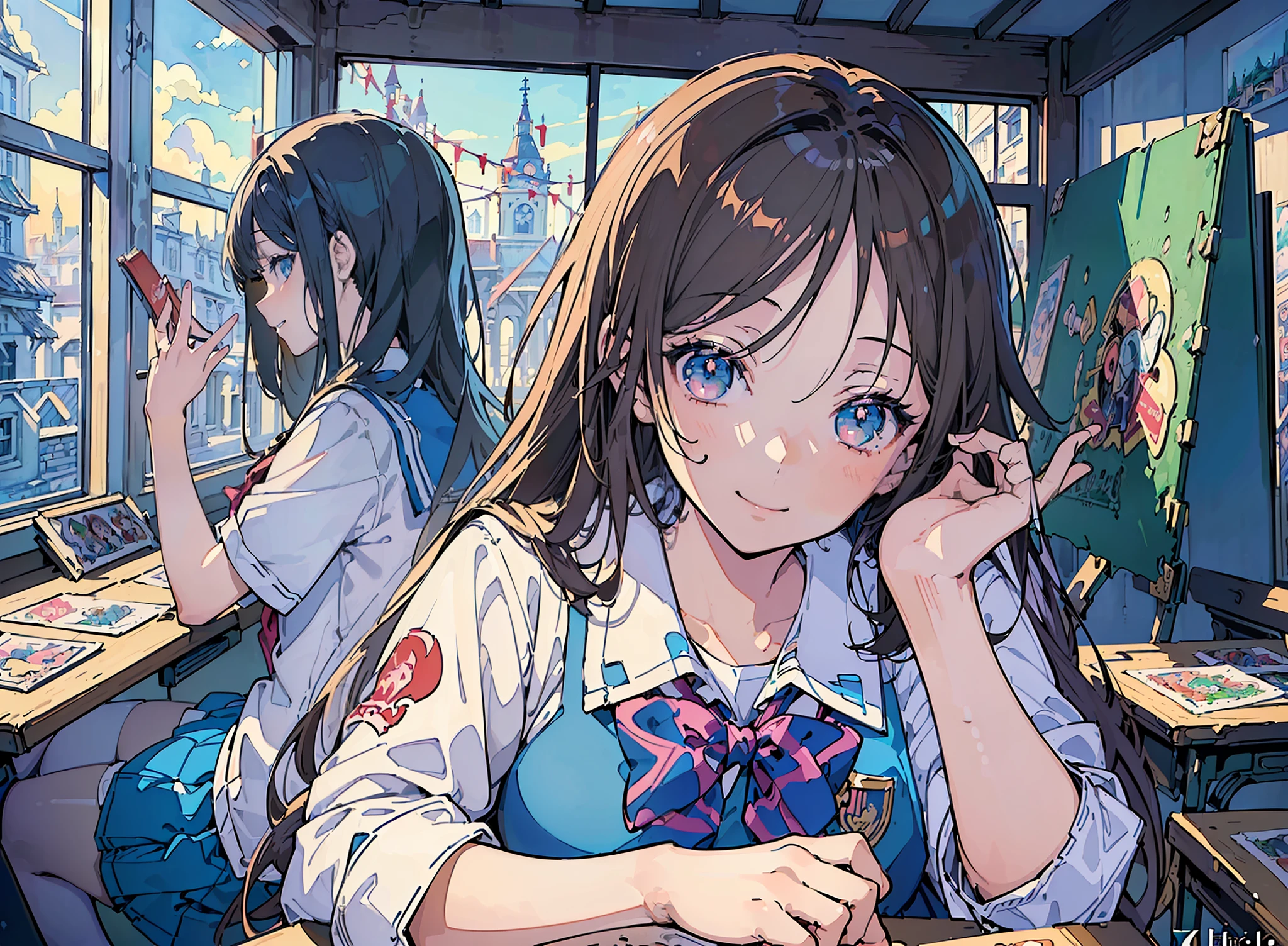 (masterpiece, top quality, best quality, beautiful illustration,official art,anime illustration, beautiful and aesthetic,3Girl,:1.5),beautiful face,transparency,(wearing school uniform:1.5) ,smiling,chatting with friends,friends,fun,masterpiece background school, classroom, ground, students,4k wallpaper