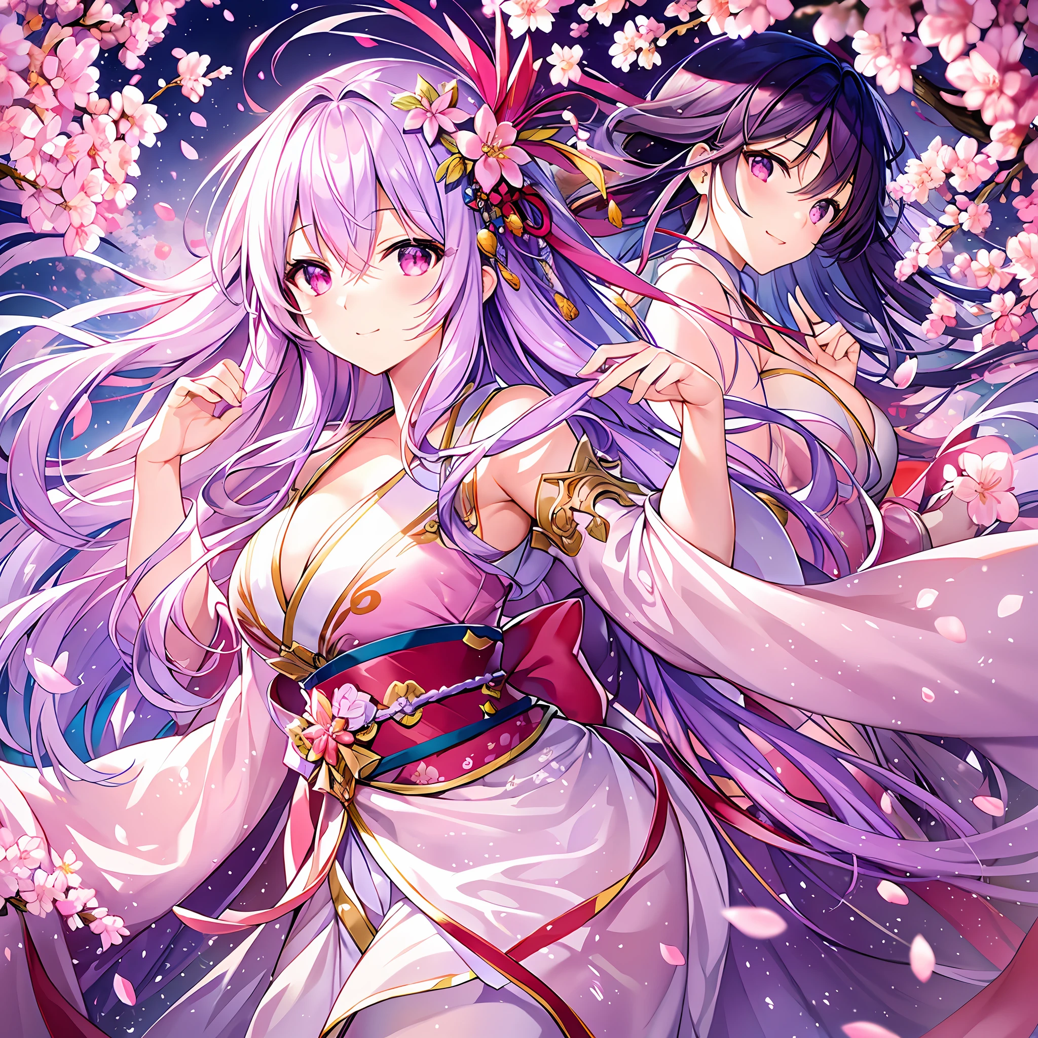 High quality CG animated wallpapers, beautiful paintings of "cherry blossom blizzard". The expression of light is the best, a beautiful woman floating among the petals. The pose is dynamic, dancing among the cherry trees in the background. Her face is beautiful, her eyes are pale purple, her hair is pink, her kimono is white, and she has a red band. In the twilight, the sky is painted in a pale purple gradient, and cherry blossom petals swaying in the wind are depicted. Overall very fairytale, watercolor-like.