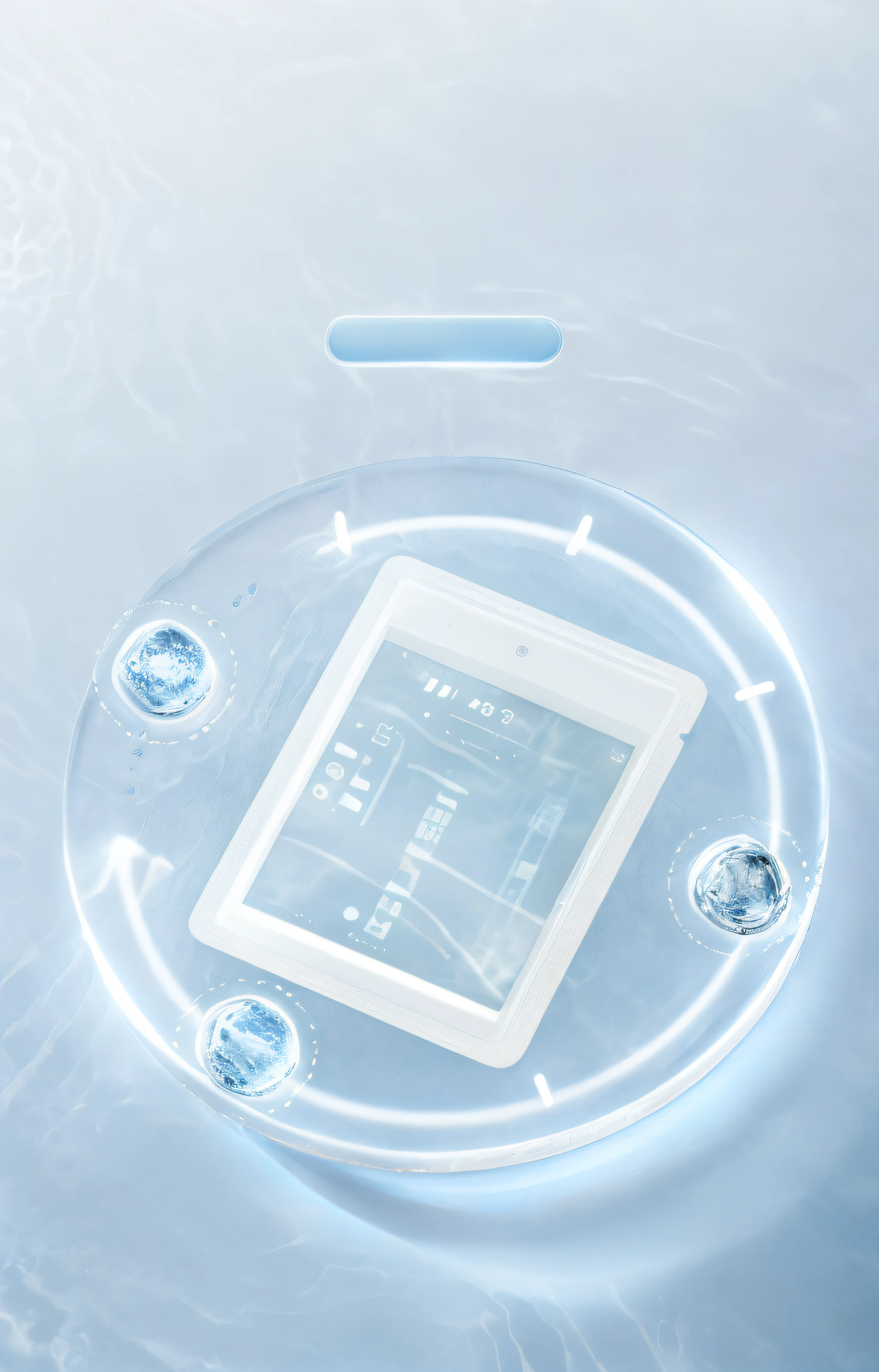 there is a tablet computer floating in a pool of water, sleek cool waterproof design, sleek waterproof design, bottom angle, scifi gadgets in a pond, smooth technology, product introduction photo, liquid interface, fluid bag, liquid simulation background, in water, closeup of magic water gate, water background, in liquid, bottom - view, water particle in front, technology