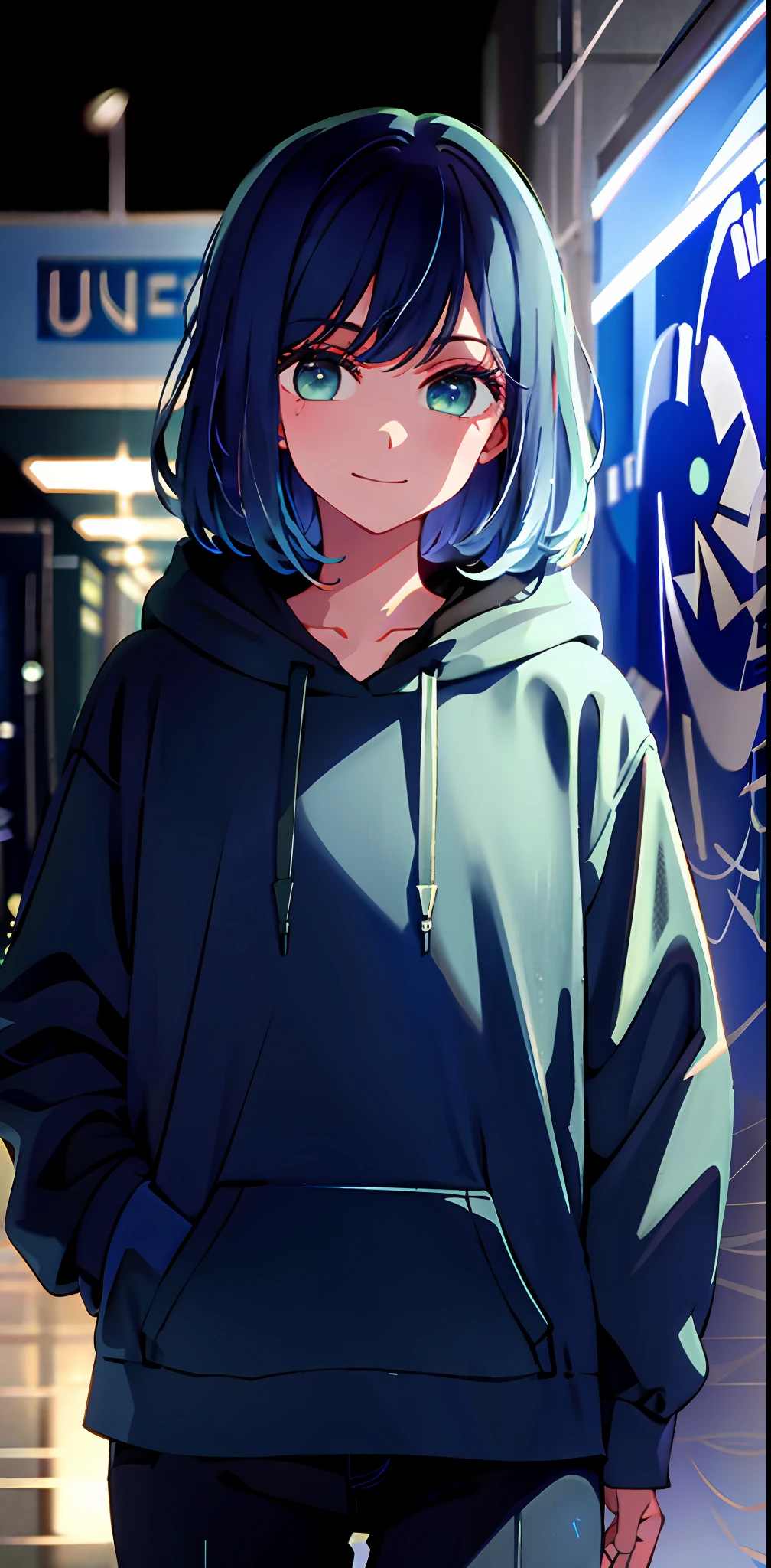 detailed background, masterpiece, best quality, smile, ornament, hoodie, portrait, blue neon, graffiti, dark, night, glowing eyes, blacklight