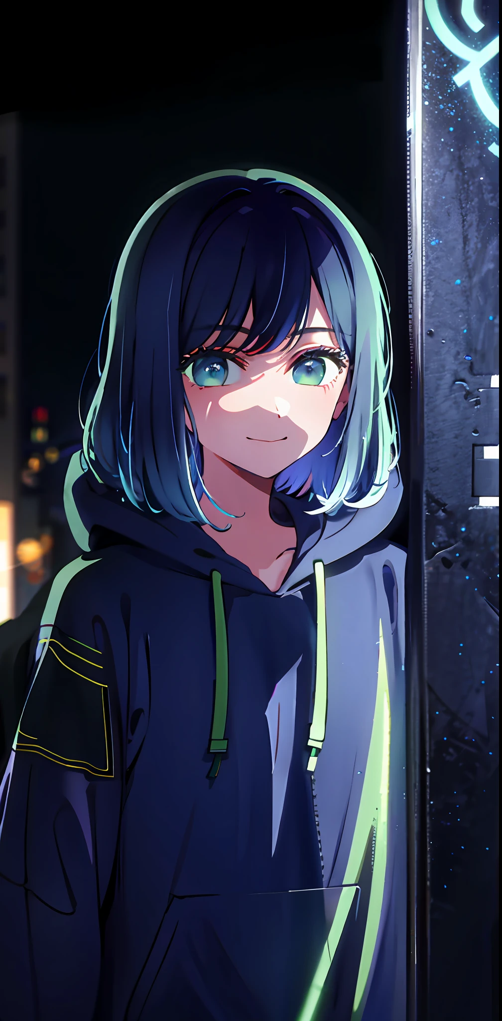 detailed background, masterpiece, best quality, smile, ornament, hoodie, portrait, blue neon, graffiti, dark, night, glowing eyes, blacklight