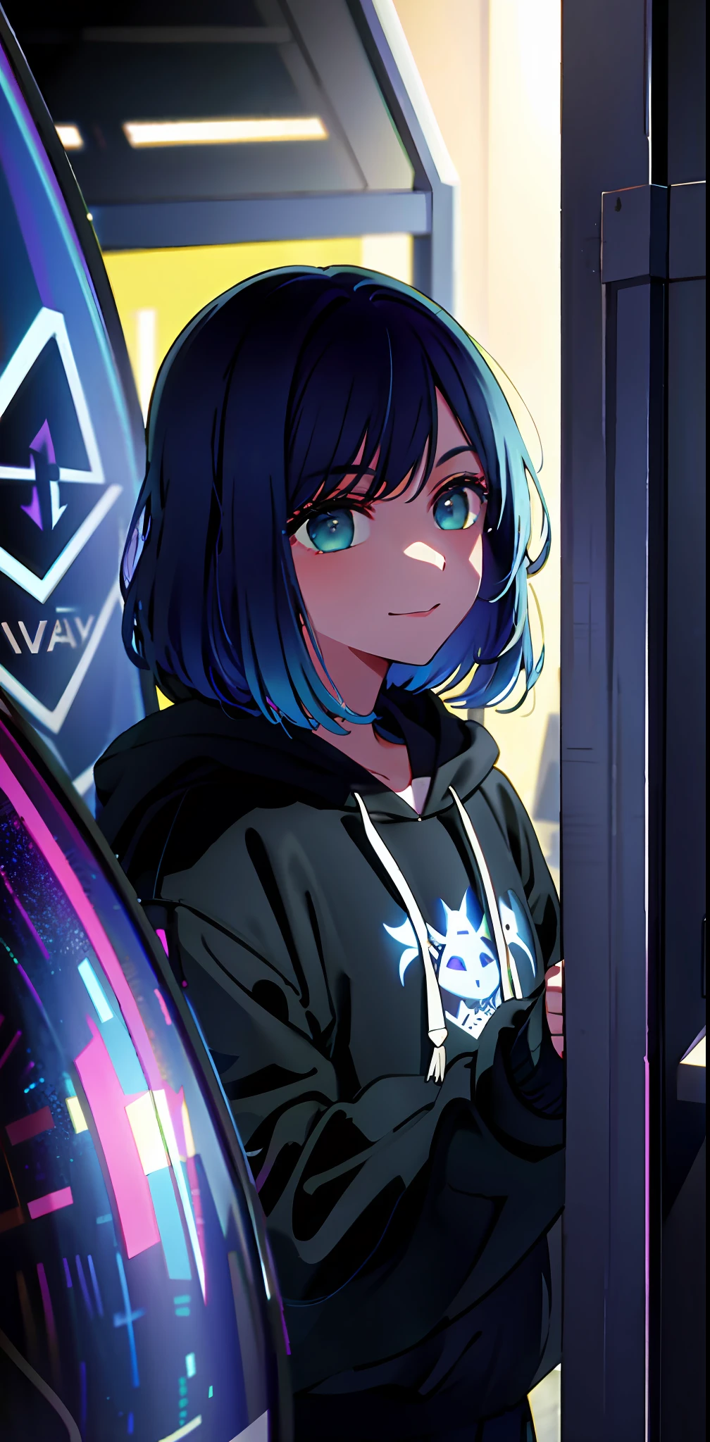 detailed background, masterpiece, best quality, smile, ornament, hoodie, portrait, blue neon, graffiti, dark, night, glowing eyes, blacklight