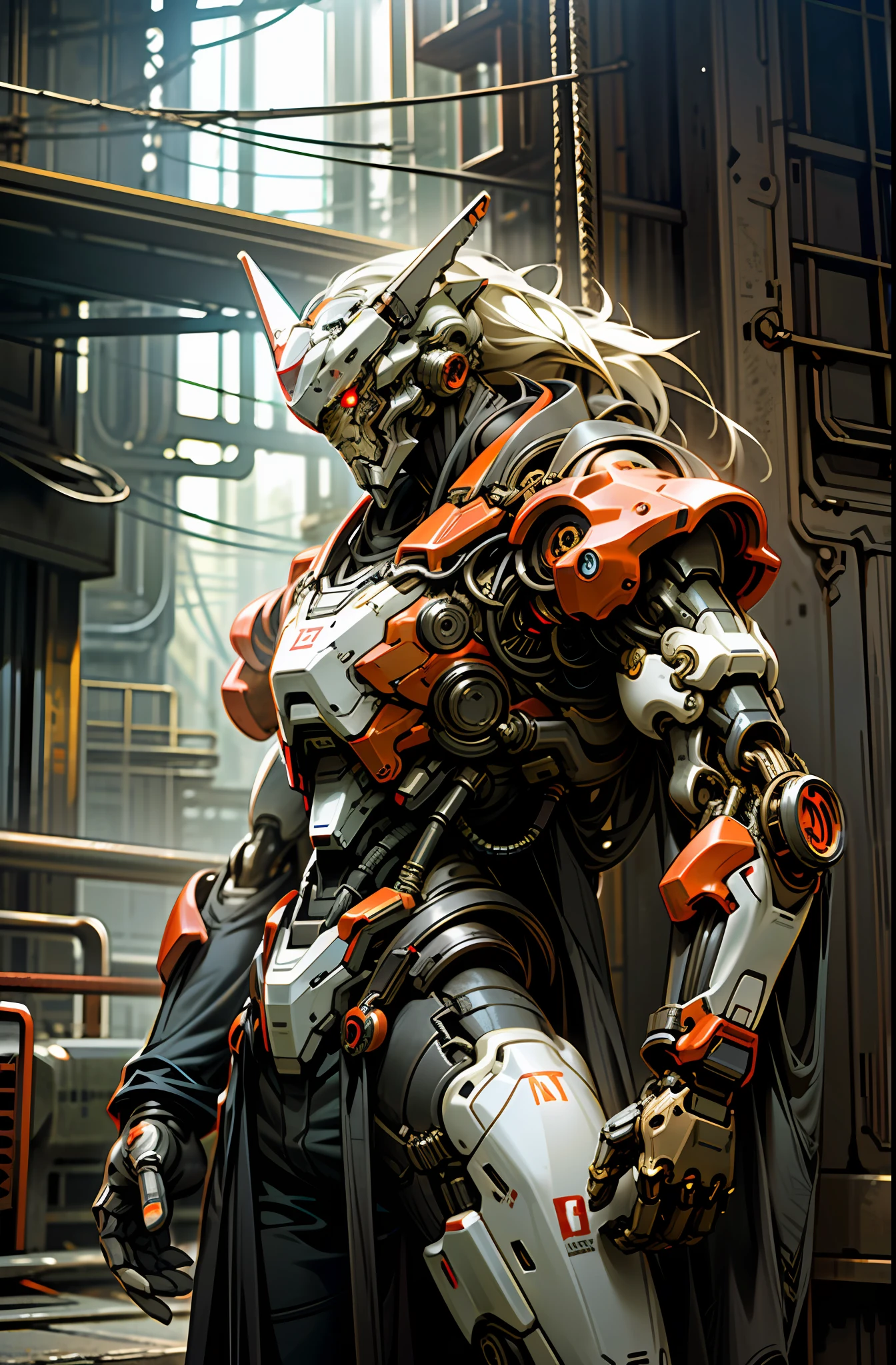Dark_Fantasy,Cyberpunk,(chain saw,chain saw man,Red:1.1),1man,Mechanical marvel,Robotic presence,Cybernetic guardian, wearing a worn-out mech suit, intricate, (steel metal [rusty]), elegant, clear focus, shot by greg rutkowski, soft lighting, vibrant colors, masterpiece, ((street)), cowboy shot, dynamic pose,