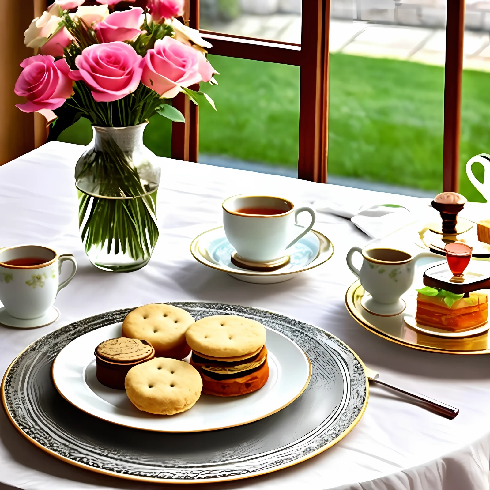 In the upper left corner of the table is a vase, inside are several roses, biscuits and refreshments, European afternoon tea, beautiful and exquisite picture, European tea set. Beautiful afternoon tea, the afternoon sun shines, giving people a warm feeling
