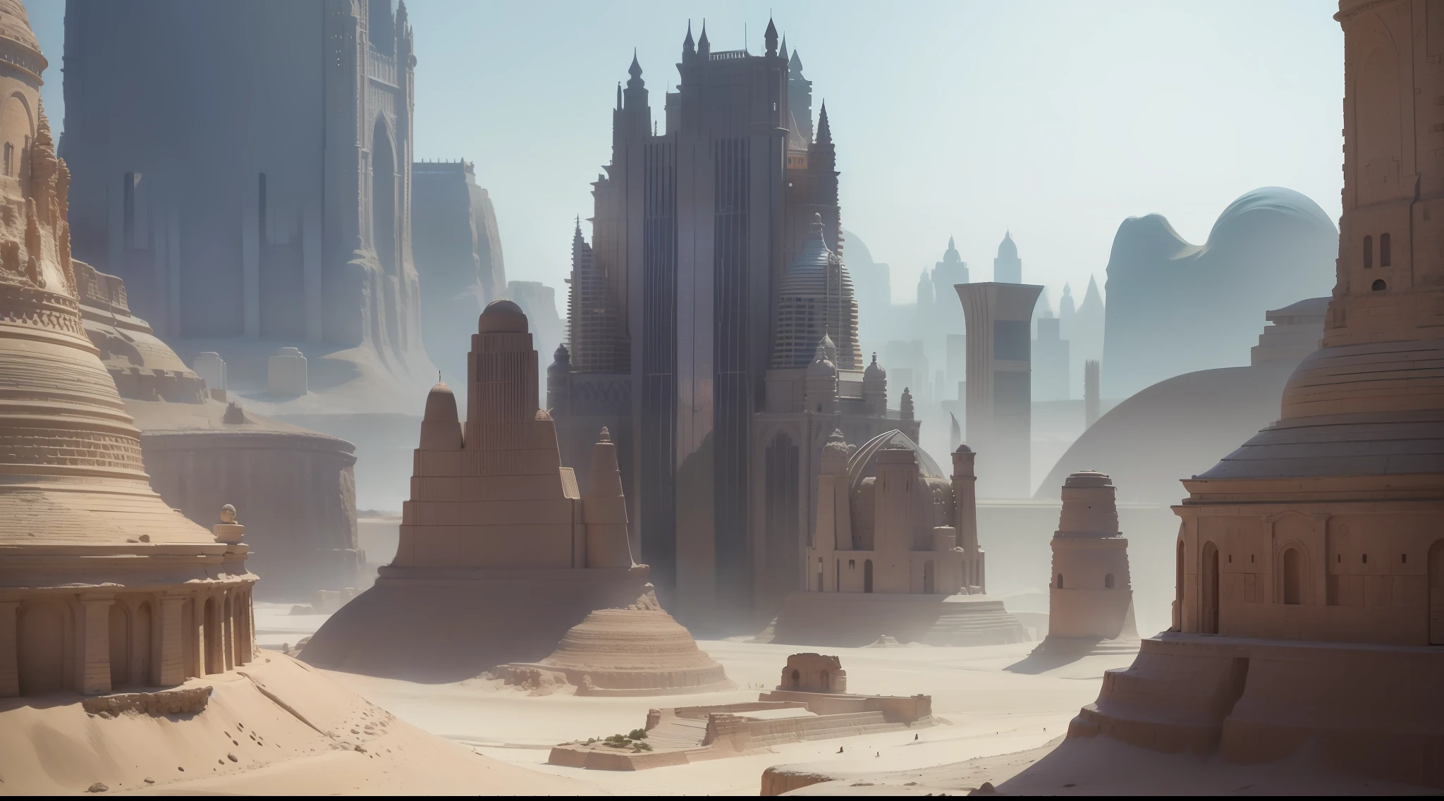 city made of stone, desert environment, Prehistory, impressive maximalist design, lots of light, hyper-realistic surrealism, award-winning masterpiece with incredible detail, extremely detailed, rigid, refraction, surface depth of field, volumetric light and shadow, ray tracing, light rays, 8K, in the style of the movie Forbidden Planet