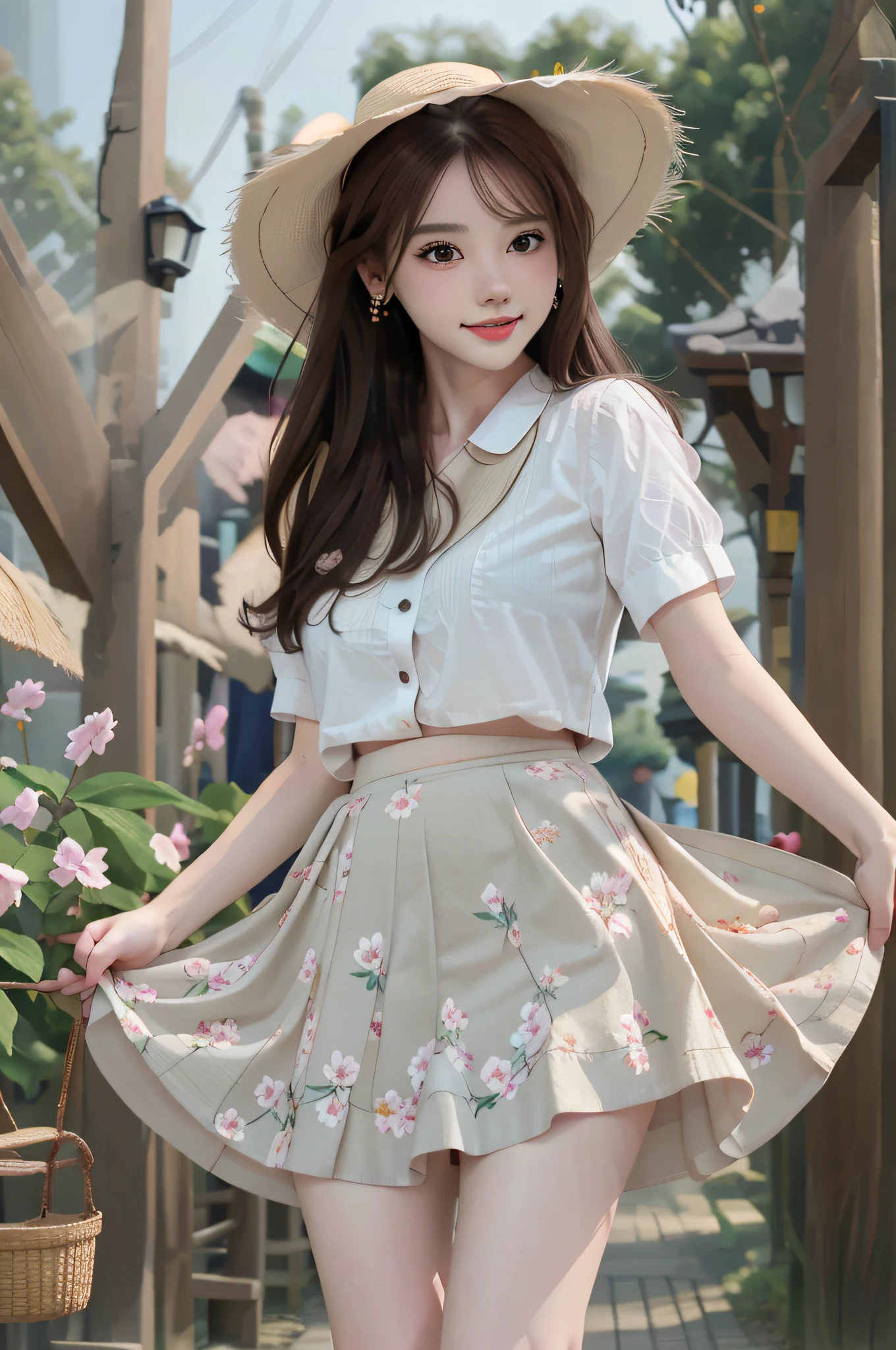 Best quality, masterpiece, super high resolution, (realistic: 1.4), full body, thighs, original photo, 1 girl, hairpins, earrings, jewelry, brown hair, looking at the audience, lips, playful, mid skirt, among the flowers, happy, lively, full body, thighs, with straw hat, flowers