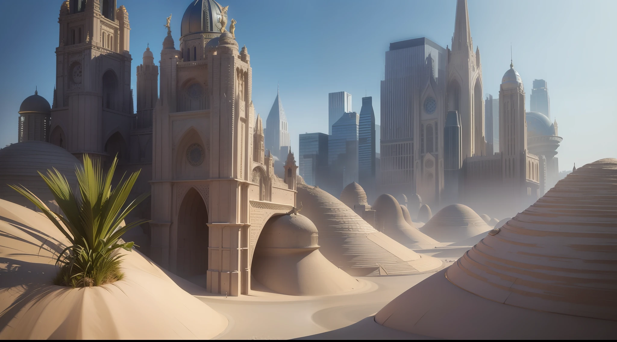 city made of stone, desert environment, Prehistory, impressive maximalist design, lots of light, hyper-realistic surrealism, award-winning masterpiece with incredible detail, extremely detailed, rigid, refraction, surface depth of field, volumetric light and shadow, ray tracing, light rays, 8K, in the style of the movie Forbidden Planet