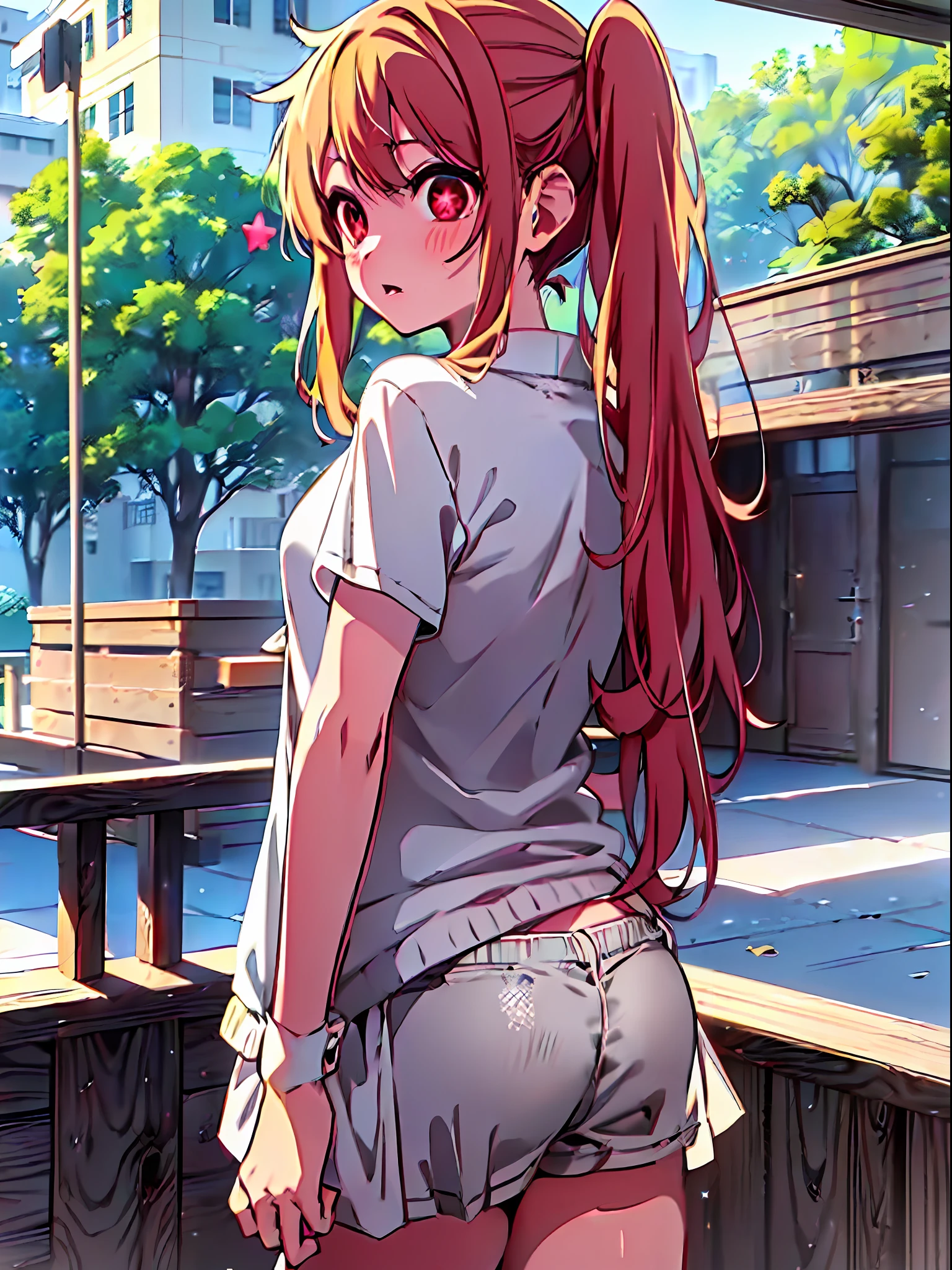 Ruby Hoshino, 1 girl, Solo, Ruby Hoshino, Symbol-shaped pupil, (Left star-shaped pupil:1.5), (Red eye, Left star:1.5), Long hair, Blonde hair, Bangs, Blush, Side ponytail, baggy clothes, side tie panties, barefoot, thighs, girl with only a shirt, baggy shirt, simple shirt, white shirt