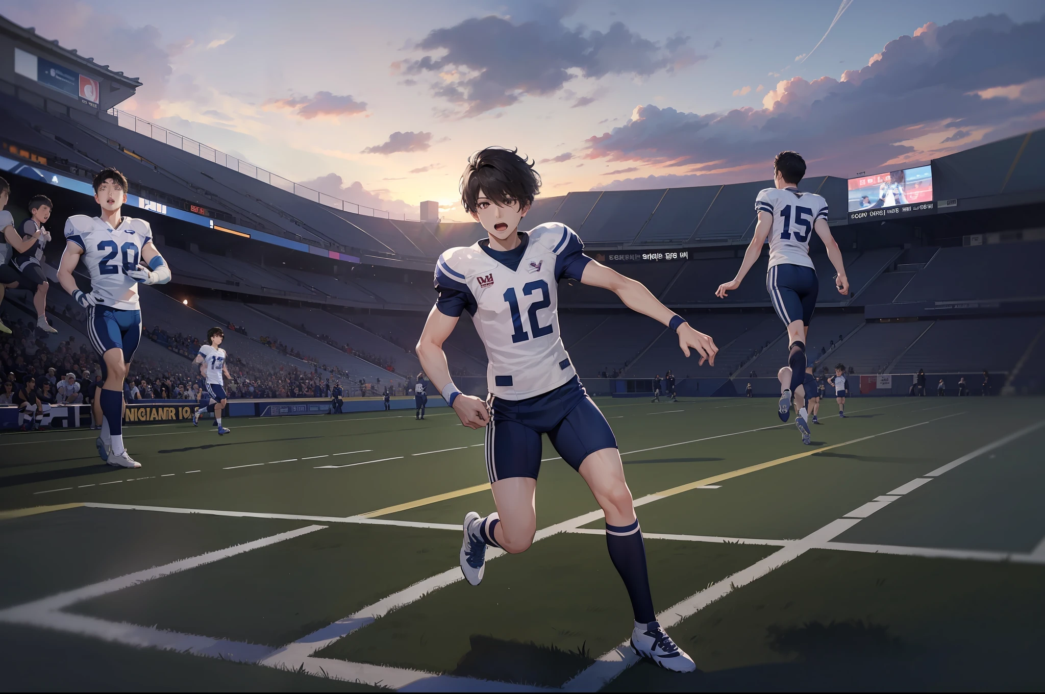 Korean boys, (real, high resolution: 1.4), boys, football, (natural light), (more face, more hair, more skin), (football clothing), (mouth open: 1.1), slim, legs, full body shot, standing, short hair, middle of football field, (point: 1.3)