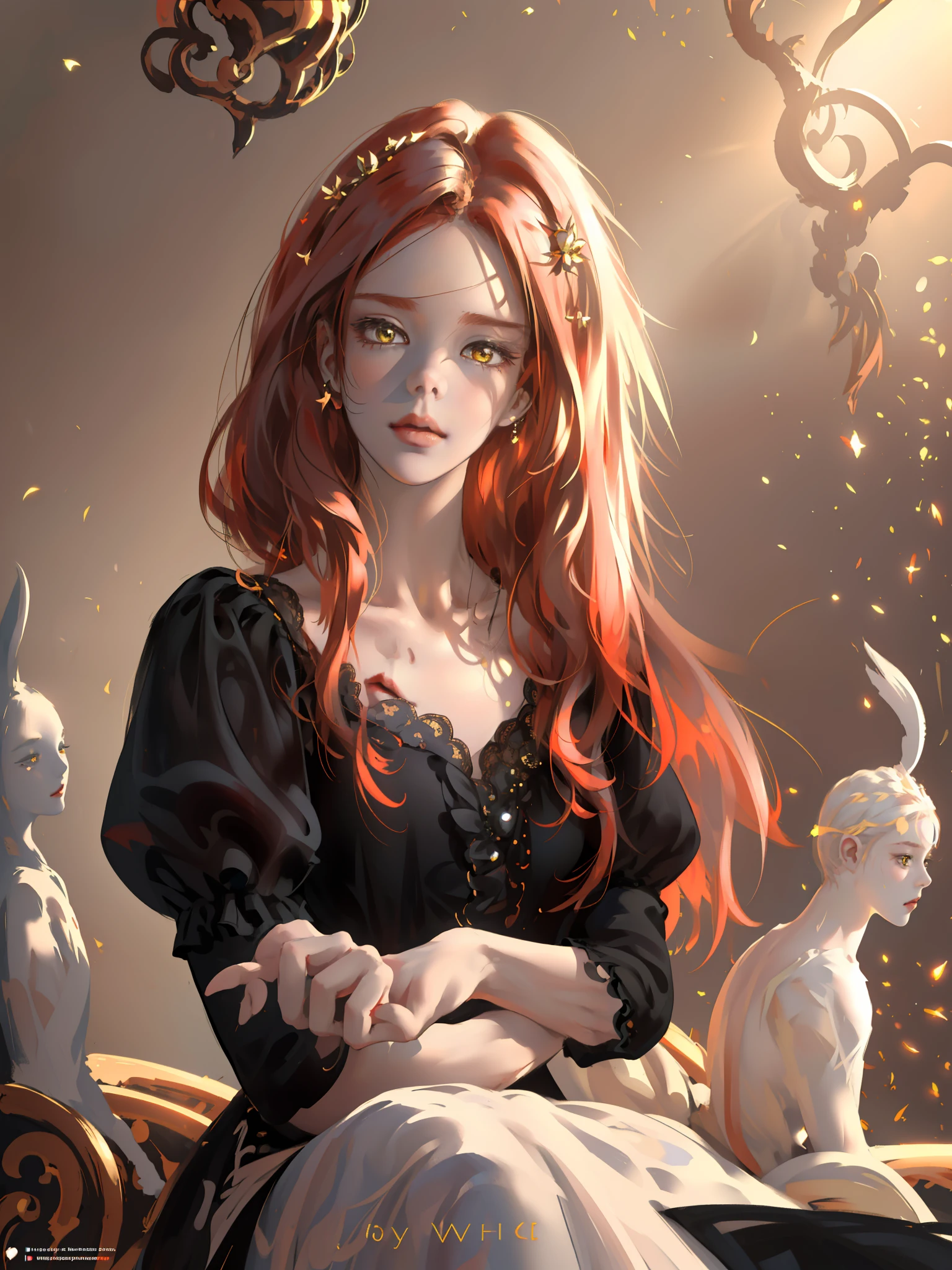(((Masterpiece)), high quality, super detailed, red hair + black clothing: 1.2, sweet and delicate girl, Lolita, delicate facial features, perfect figure, face with decoration, bright bright colors, pearl white background, romantic long hair, natural light, warm and sweet, golden eyes, gorgeous hair decoration.