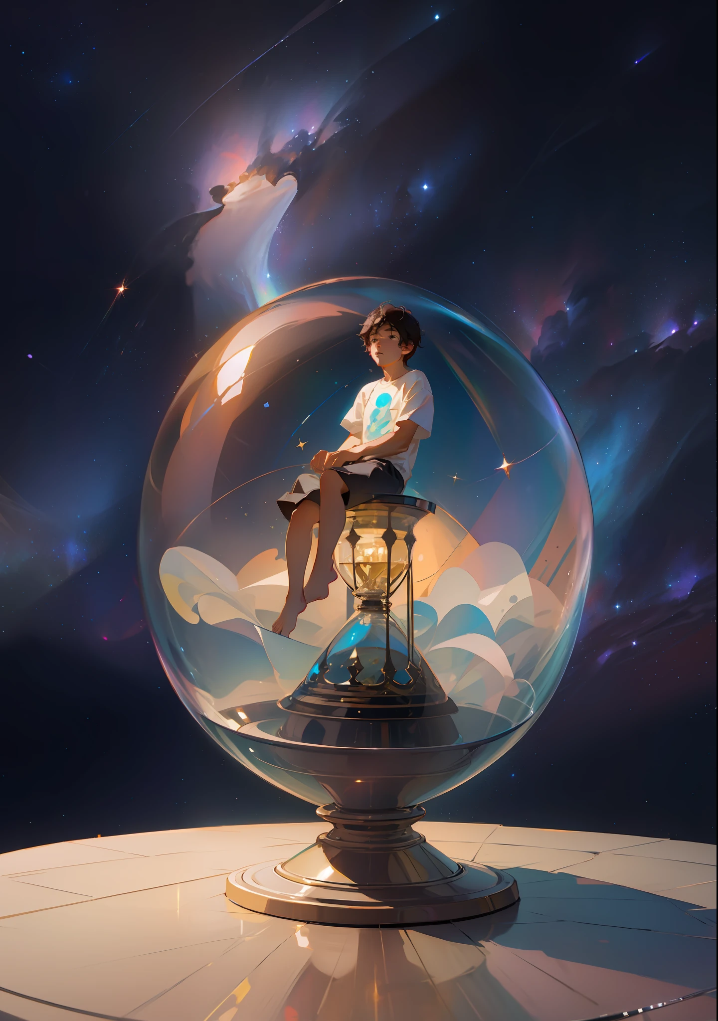 Perfect masterpiece, highest quality, perfect painting style, 8K, a lonely boy, wearing shorts, sitting on a huge hourglass, expressionless, looking forward melancholy, background art, ethereal, suspended in the universe, the universe is all suspended hourglass,