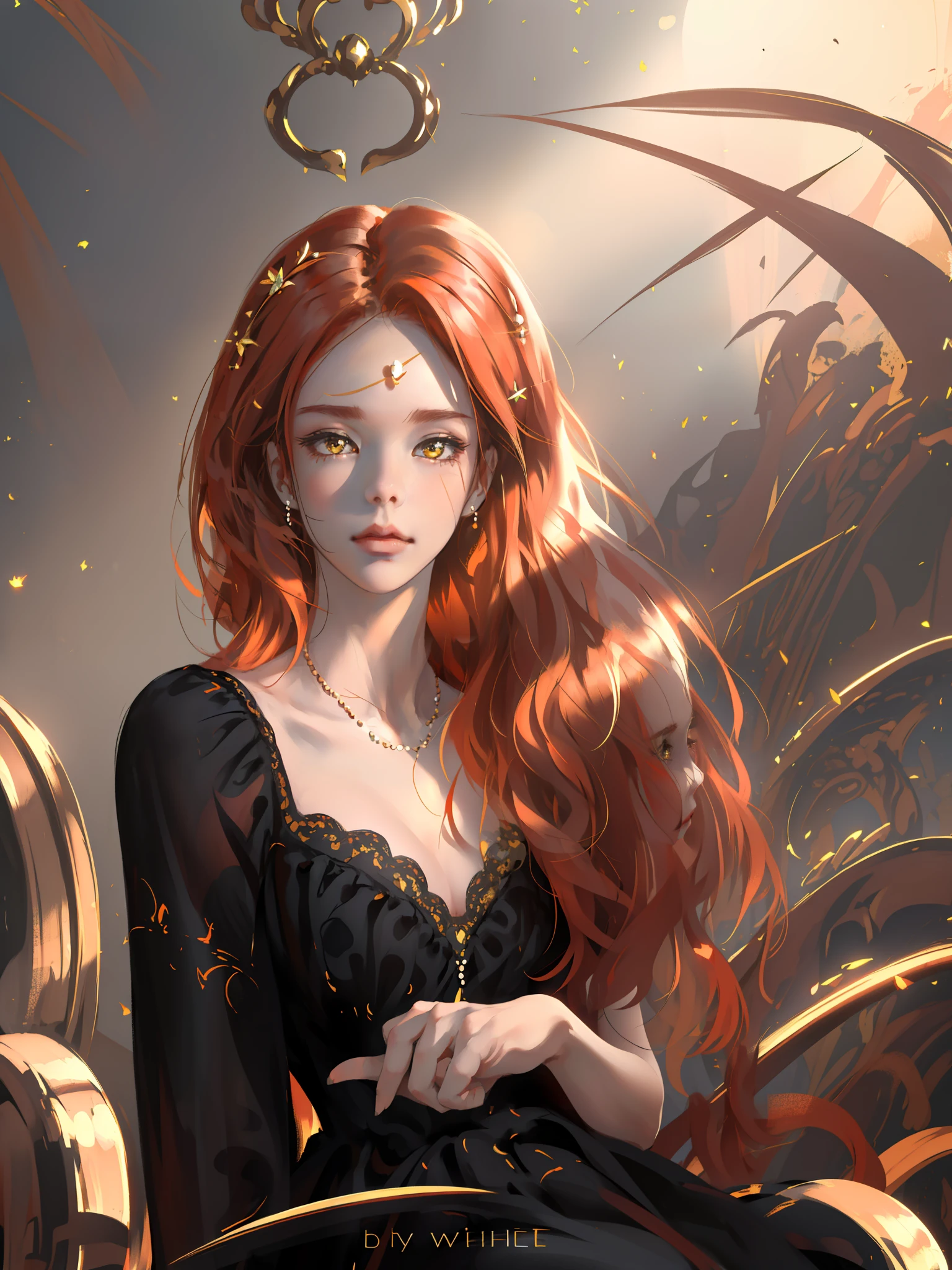 (((Masterpiece)), high quality, super detailed, red hair + black clothing: 1.2, sweet and delicate girl, ta, delicate facial features, perfect figure, face with decoration, bright bright colors, pearl white background, romantic long hair, natural light, warm and sweet, golden eyes, gorgeous hair decoration.