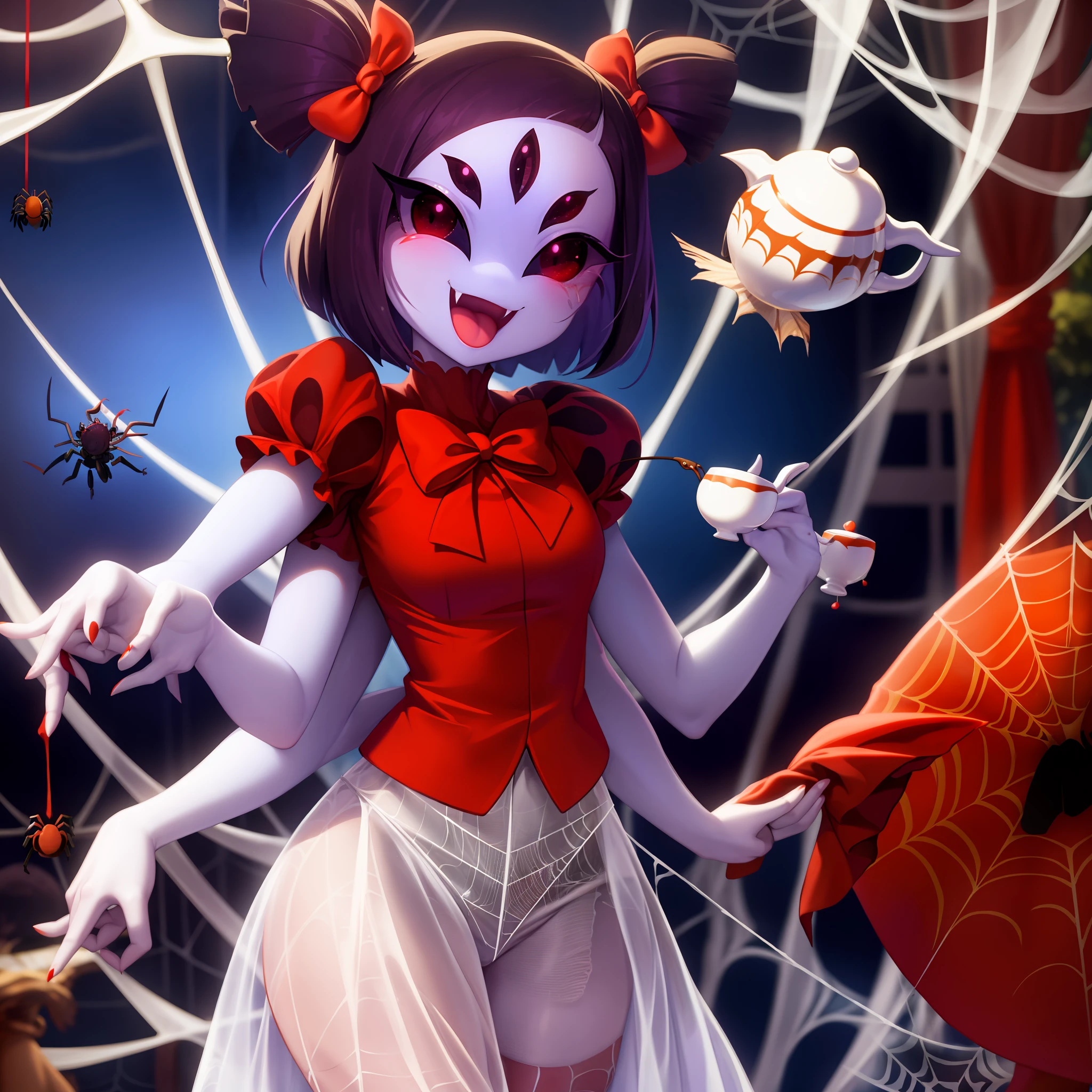 masterpiece, best quality, a beautiful and detailed portriat of muffet,(muffetwear), monster girl,((purple body:1.3)),humanoid, arachnid, anthro,((fangs)),pigtails,hair bows,5 eyes,spider girl,6 arms,solo,smile, clothed, open mouth, awesome and detailed background, holding teapot, holding teacup, 6 hands,detailed hands,((spider webs:1.4)), storefront that sells pastries and tea,bloomers,(red and black clothing),inside,pouring into teacup,wide angle lens, ((fish eye effect)) ,armwear, thighs
