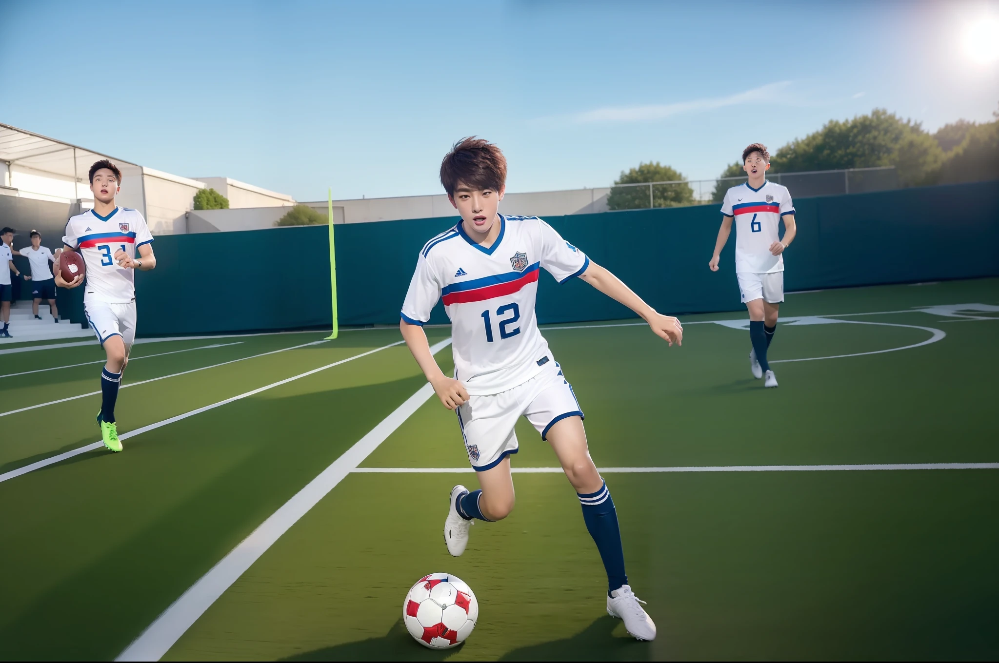 Korean boys, (real, high resolution: 1.4), boys, football, (natural light), (more face, more hair, more skin), (football clothing), (mouth open: 1.1), slim, legs, full body shot, standing, short hair, middle of football field, (point: 1.3)