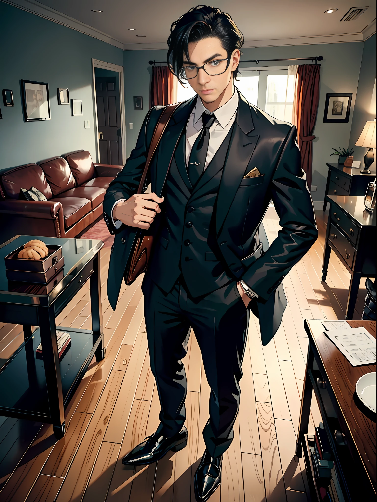 A man, wearing a suit and leather shoes, standing in the living room, holding a pastry in his hand, a briefcase under his arm, during the day, room, living room, dining table, fine facial portrayal, fine costume portrayal, ultra HD, 8K, vista, upper body photo.
