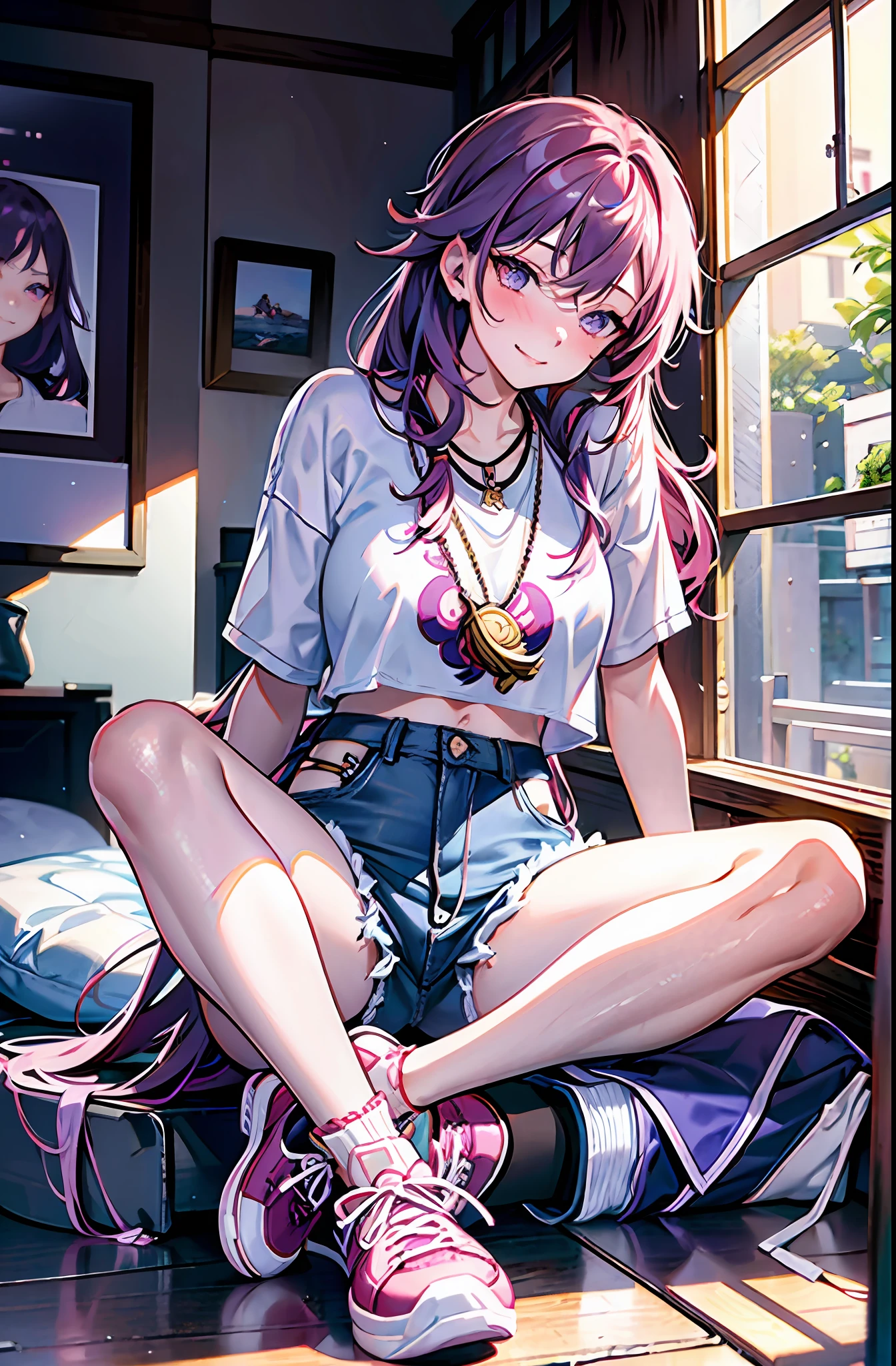 masterpiece, best quality, photorealistic, (indoors:1.2), beautiful lighting, cinematic lighting, bedroom, on bed, lamp, poster,two girl
AND two girl,yae miko, pink hair, teasing, smug, smirk, head tilted, knee up, looking at viewer, glossy skin, sitting, medium breasts, dolphin shorts, denim, navel, midriff, nose blush, necklace, (sneakers:1.2), leaning on person,genshin impact,
AND two girl,raiden shogun, purple hair, purple eyes, serious, blush, looking at viewer, single braid, shirt, long hair, crossed legs, glossy skin, knee up, arm rest, sitting medium breasts, dolphin shorts, denim, smile, necklace,(sneakers:1.2), looking at another, half closed eyes,genshin impact,