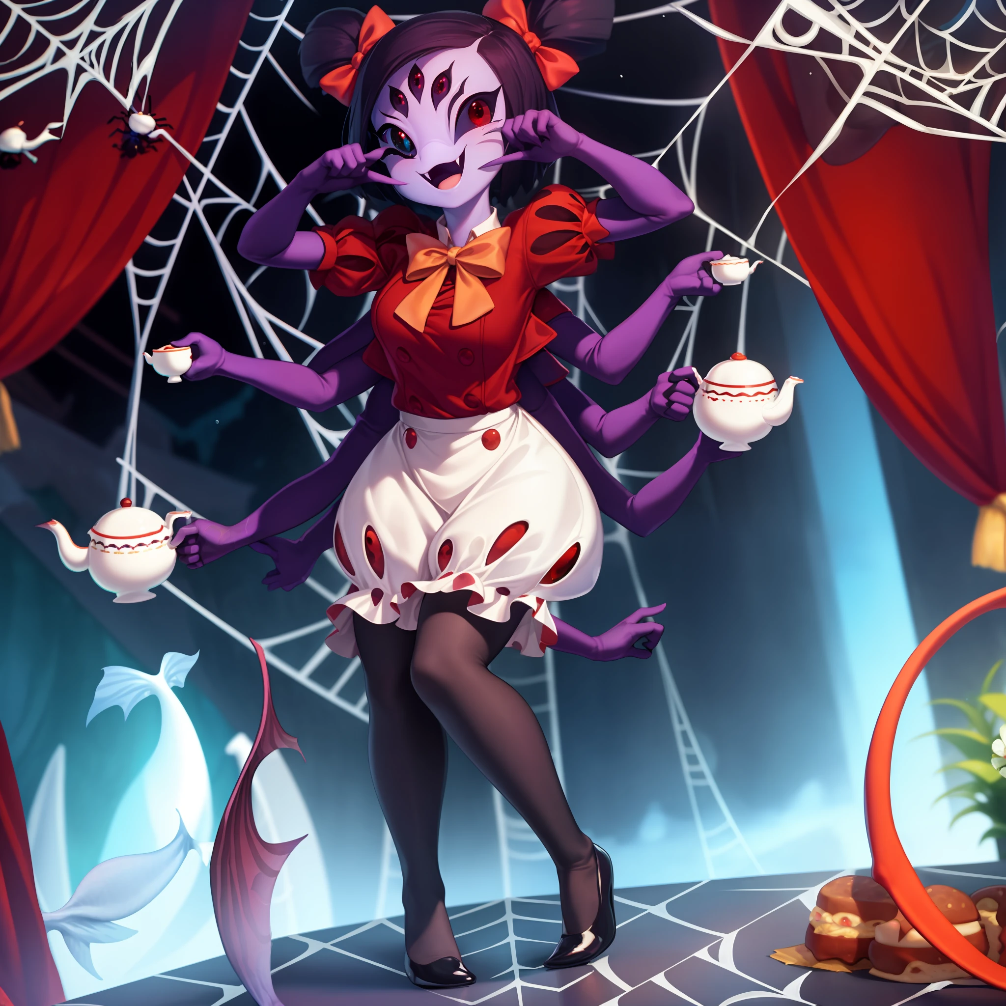 masterpiece, best quality, a beautiful and detailed portriat of muffet,(muffetwear), monster girl,((purple body:1.3)),humanoid, arachnid, anthro,((fangs)),pigtails,hair bows,5 eyes,spider girl,6 arms,solo,smile, clothed, open mouth, awesome and detailed background, holding teapot, holding teacup, 6 hands,detailed hands,((spider webs:1.4)), storefront that sells pastries and tea,bloomers,(red and black clothing),inside,pouring into teacup,wide angle lens, ((fish eye effect)) ,armwear,thick thighs, thighhighs