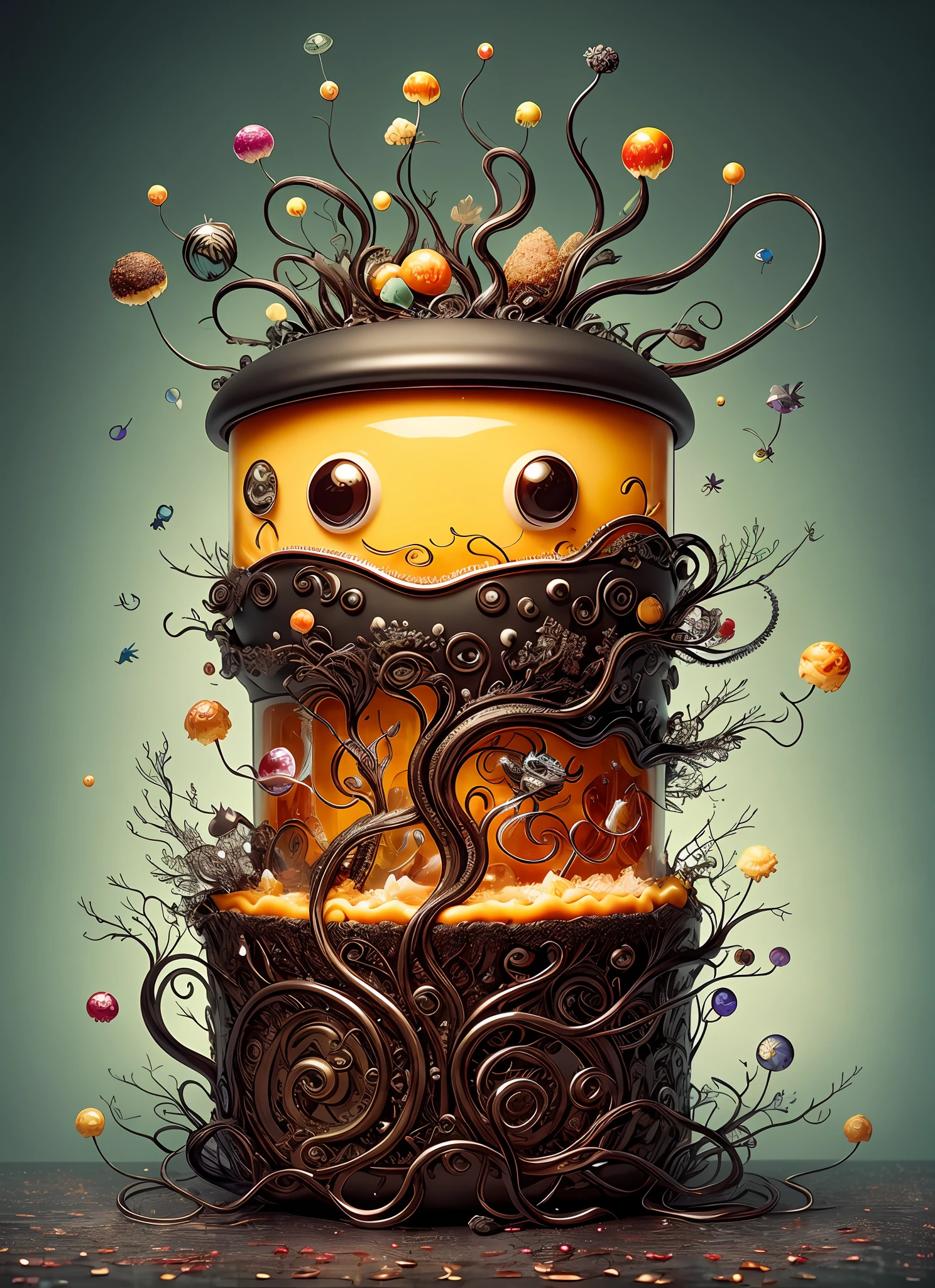 anthropomorphic black neuron cute cartoon creature eating a melting gooey knickerbocker glory, food fight, kitchen background, 3D Pixar render, intricate details, highly detailed, beautiful, fantasy, fantastic view, surreal tenticle giger cake 
Modifiers:
Jacek Yerka Gediminas Pranckevicius Tim Burton highly detailed intricate delicate decoration