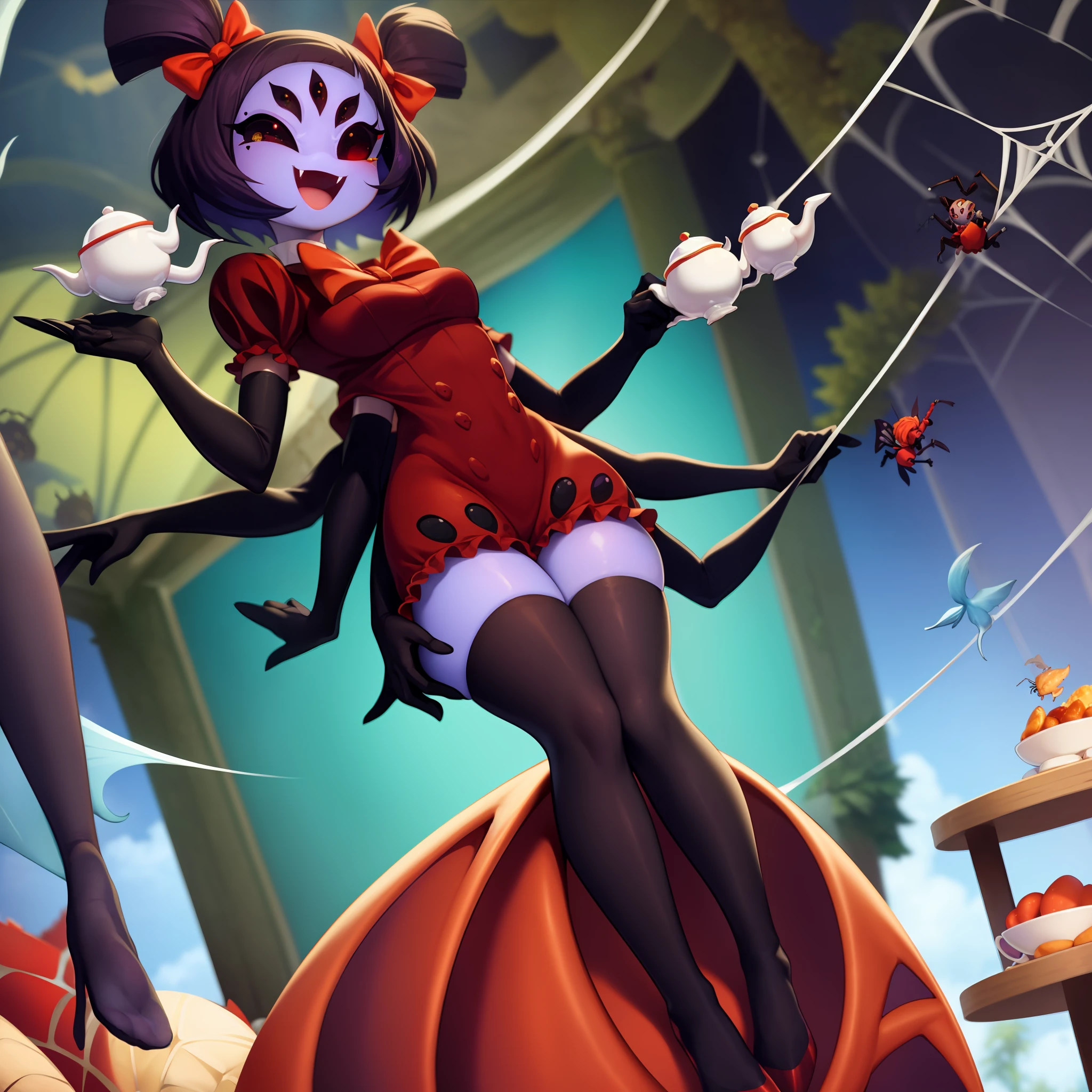 masterpiece, best quality, a beautiful and detailed portriat of muffet,(muffetwear), monster girl,((purple body:1.3)),humanoid, arachnid, anthro,((fangs)),pigtails,hair bows,5 eyes,spider girl,6 arms,solo,smile, clothed, open mouth, awesome and detailed background, holding teapot, holding teacup, 6 hands,detailed hands,((spider webs:1.4)), storefront that sells pastries and tea,bloomers,(red and black clothing),inside,pouring into teacup,wide angle lens, ((fish eye effect)) ,armwear,thick thighs, thighhighs