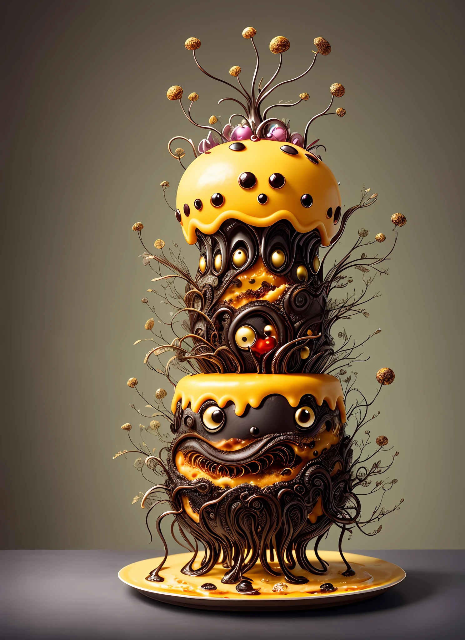 anthropomorphic black neuron cute cartoon creature eating a melting gooey knickerbocker glory, food fight, kitchen background, 3D Pixar render, intricate details, highly detailed, beautiful, fantasy, fantastic view, surreal tenticle giger cake 
Modifiers:
Jacek Yerka Gediminas Pranckevicius Tim Burton highly detailed intricate delicate decoration