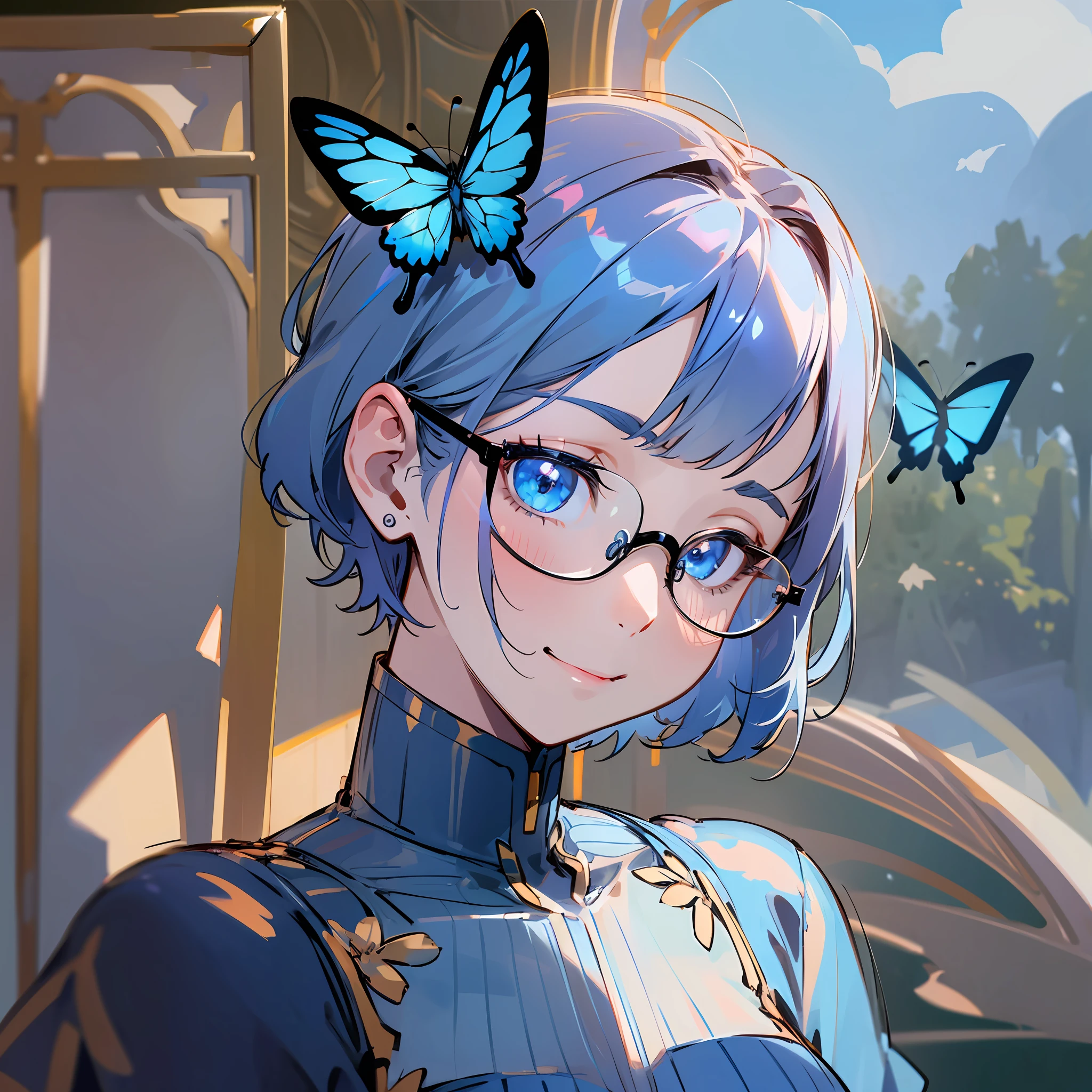 (high resolution, high illumination, 4K), blue frame glasses, long face, 1 girl, face, detailed face, blue eyes, garden, very short hair, she has a butterfly on her head, close up face, noon sun, smile, :), looking at the audience, close up - intensity, blue dress, eyes half closed, --auto --s2