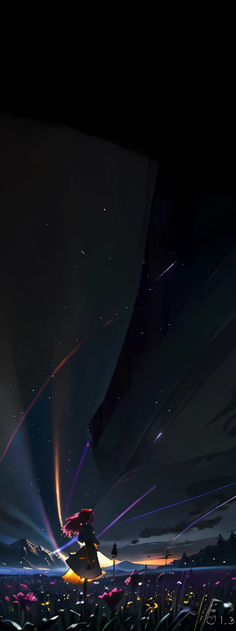 Vast landscape photo, (viewed from below, the sky is above and the open field is below), a girl standing on a flower field looking up, (full moon: 1.2), (meteor: 0.9), (nebula: 1.3), distant mountains , Trees BREAK Crafting Art, (Warm Light: 1.2), (Fireflies: 1.2), Lights, Lots of Purple and Orange, Intricate Details, Volumetric Lighting, Realism BREAK (Masterpiece: 1.2), (Best Quality), 4k, Ultra-Detailed, (Dynamic Composition: 1.4), Very Detailed, Colorful Details, (Rainbow Colors: 1.2), (Glow Lighting, Atmospheric Lighting), Dreamy, Magical, (Solo: 1.2)