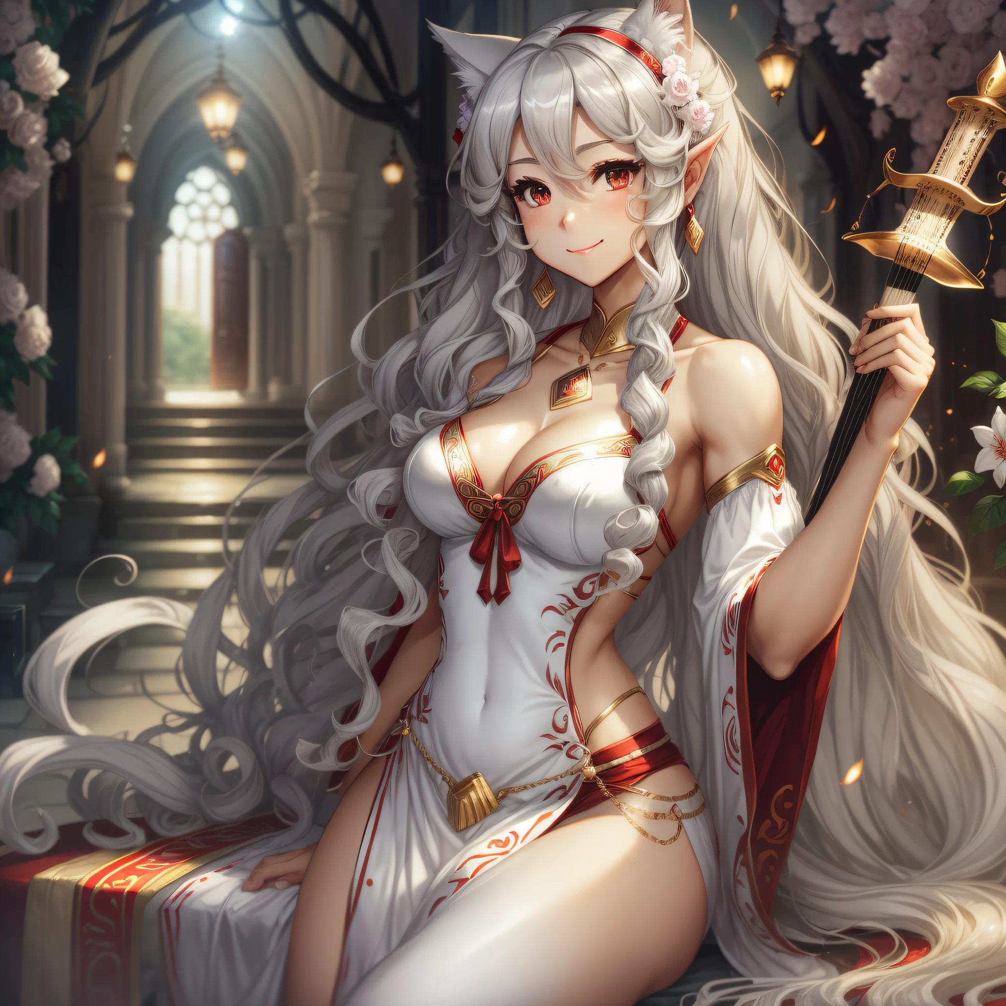 (Fidelity: 1.4), magical, masterpiece, ((female, big)), slim, muscular, sharp ears, light gray skin, long curly white hair, red eyes, smile, be careful, do not disturb, Recite the Pipa, shy --auto --s2