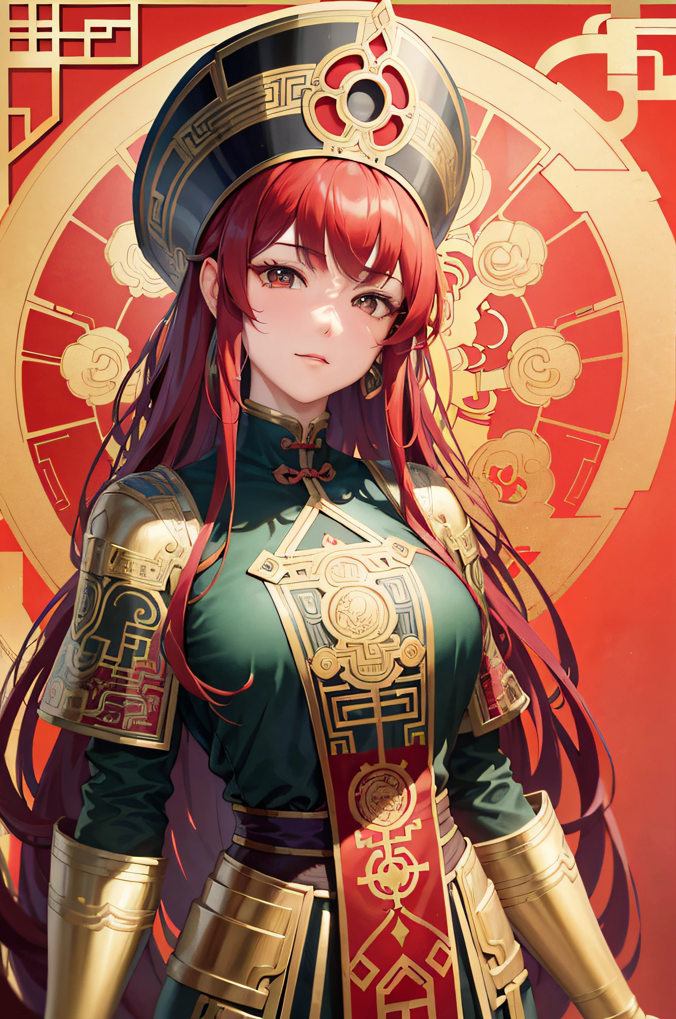 Facial portrait of Chinese woman, long curly hair, red hair, metal frame, decorative panels, abstract art, Alphonse Mucha (masterpiece, best quality, high resolution: 1.4), detailed, intricate details, 4K, color splash, line art, Fibonacci,