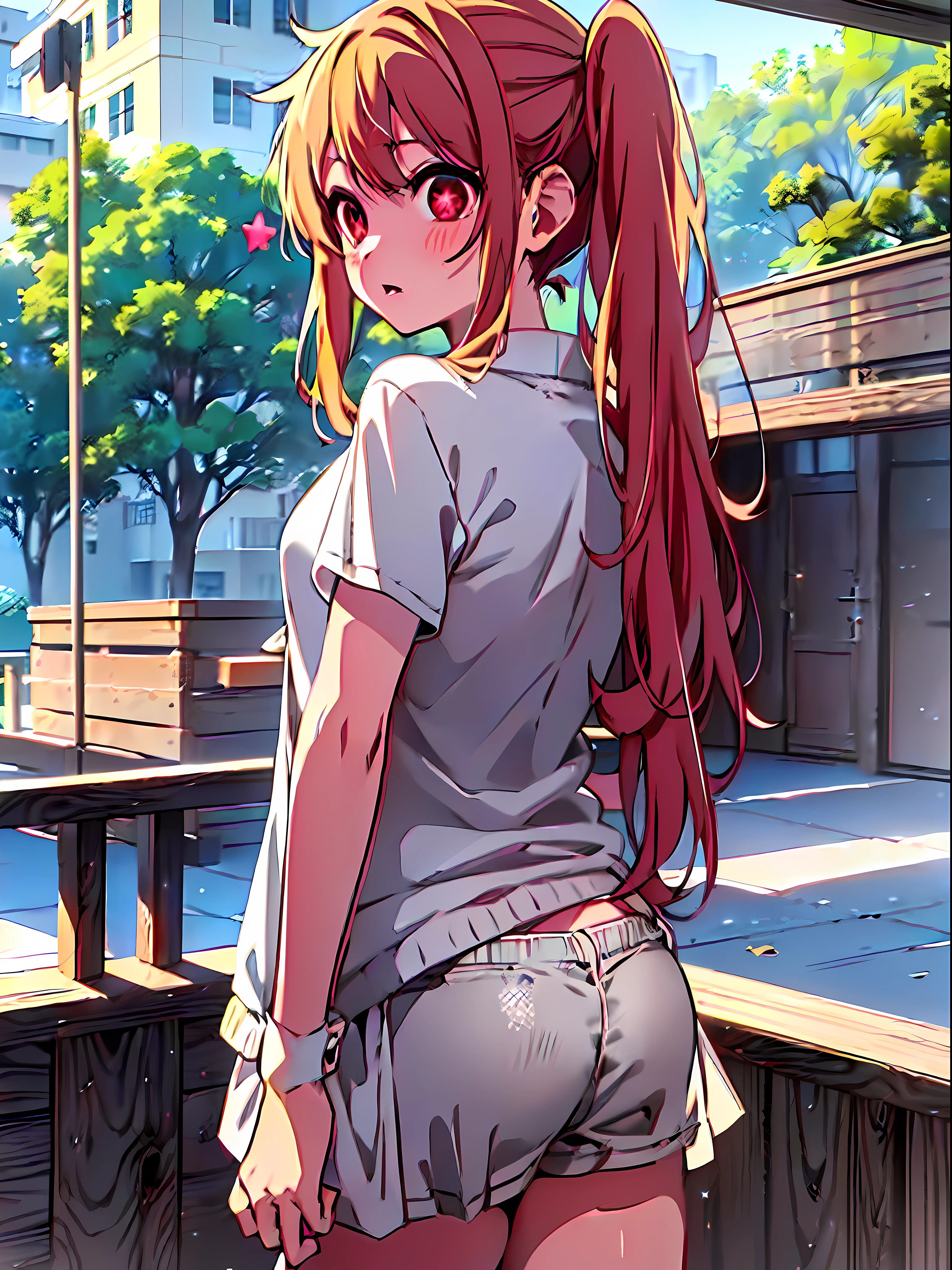 Ruby Hoshino, 1 girl, Solo, Ruby Hoshino, Symbol-shaped pupil, (Left star-shaped pupil:1.5), (Red eye, Left star:1.5), Long hair, Blonde hair, Bangs, Blush, Side ponytail, baggy clothes, side tie panties, barefoot, thighs, girl with only a shirt, baggy shirt, simple shirt, white shirt