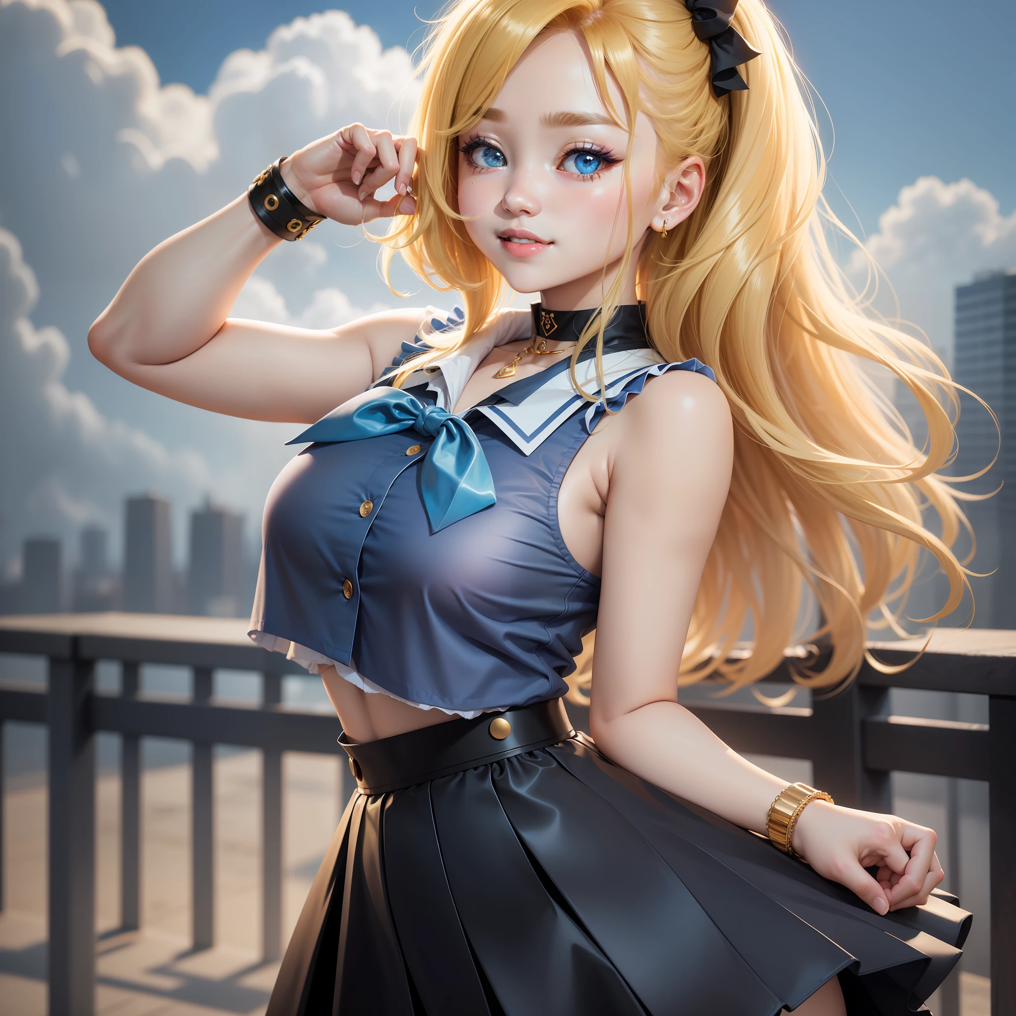 best quality, ultra high res, 1girl, sleeveless blue button shirt, black skirt, black choker, cute, (Kpop idol), (aegyo sal:1), (golden blonde hair:1), ((puffy eyes)), looking at viewer, full body, facing front, glow skin, smile, thick ass