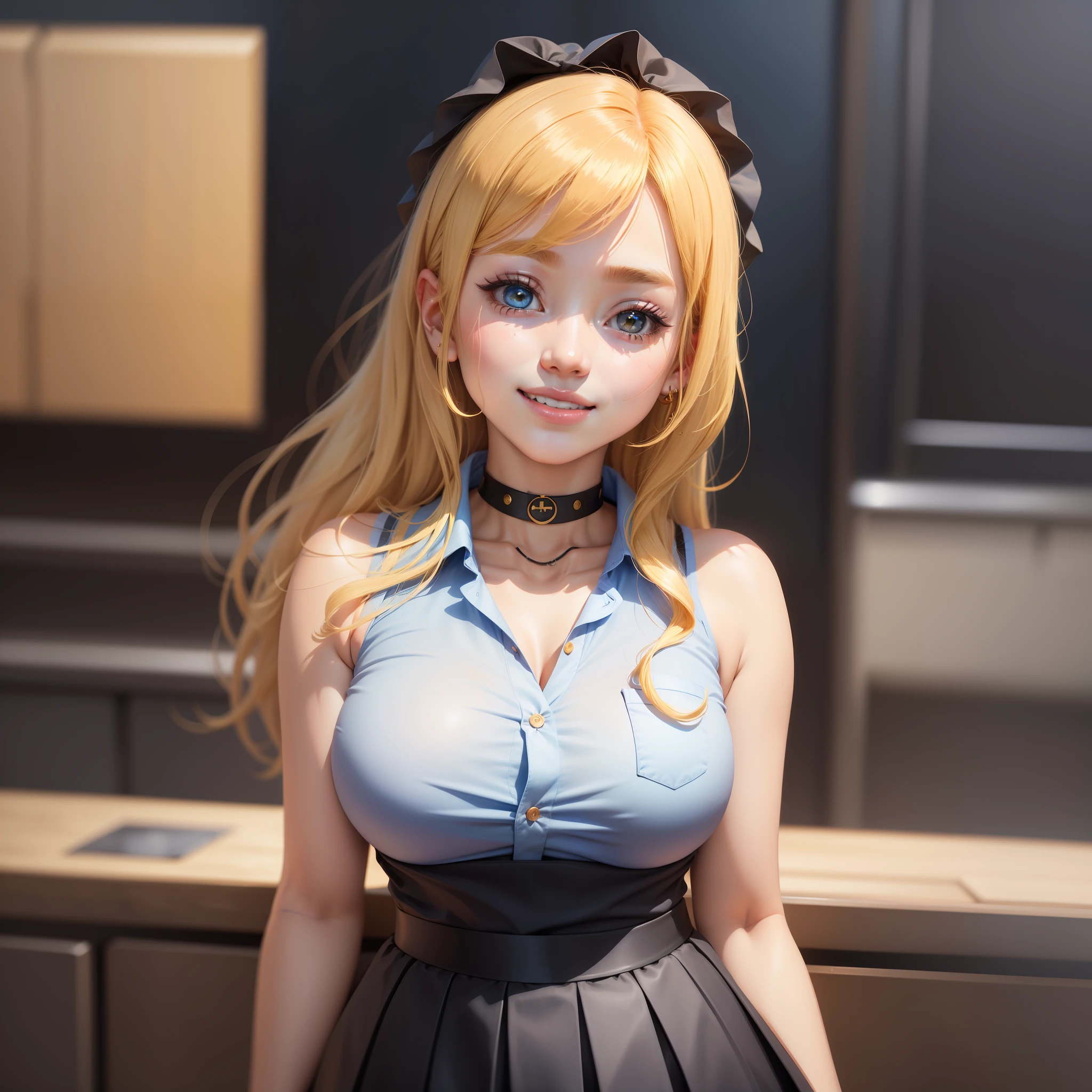 best quality, ultra high res, 1girl, sleeveless blue button shirt, black skirt, black choker, cute, (Kpop idol), (aegyo sal:1), (golden blonde hair:1), ((puffy eyes)), looking at viewer, full body, facing front, glow skin, smile, thick ass